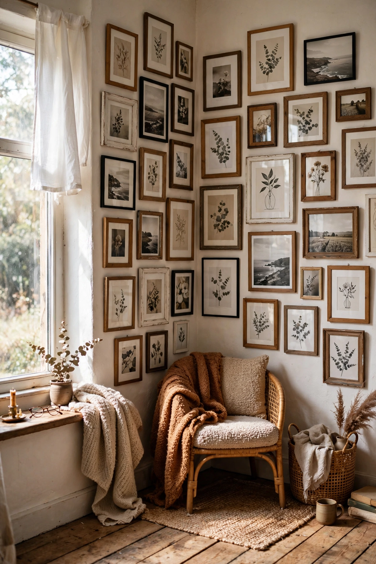 A gallery wall of frames wrapping around a room corner