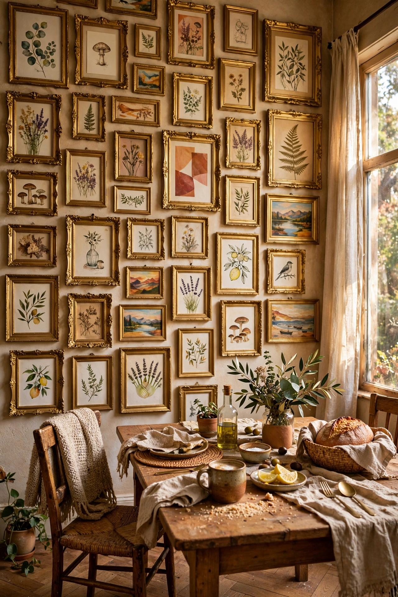 A floor-to-ceiling salon wall of gold thrifted frames in a dining room