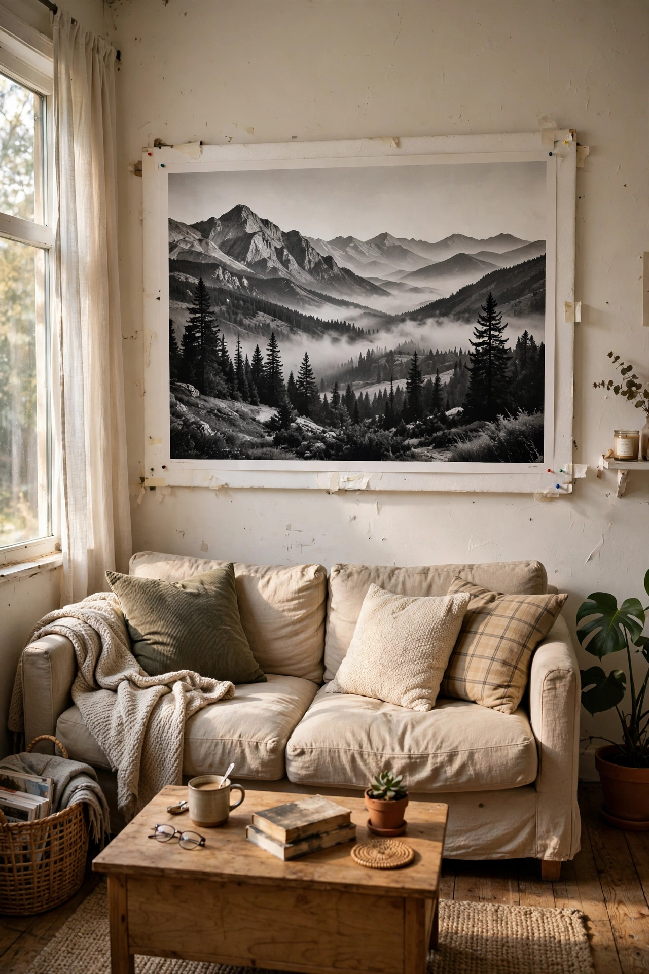One enormous black and white landscape print over a sofa as a statement