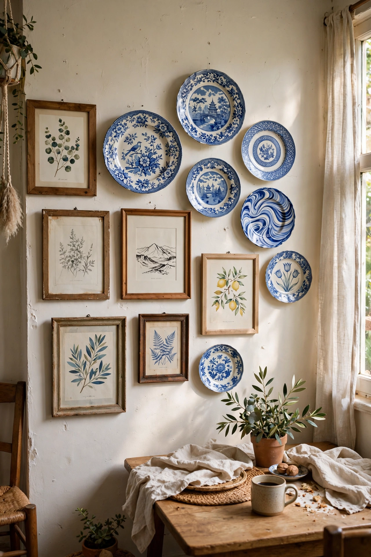 Blue and white plates mixed with framed prints on a gallery wall