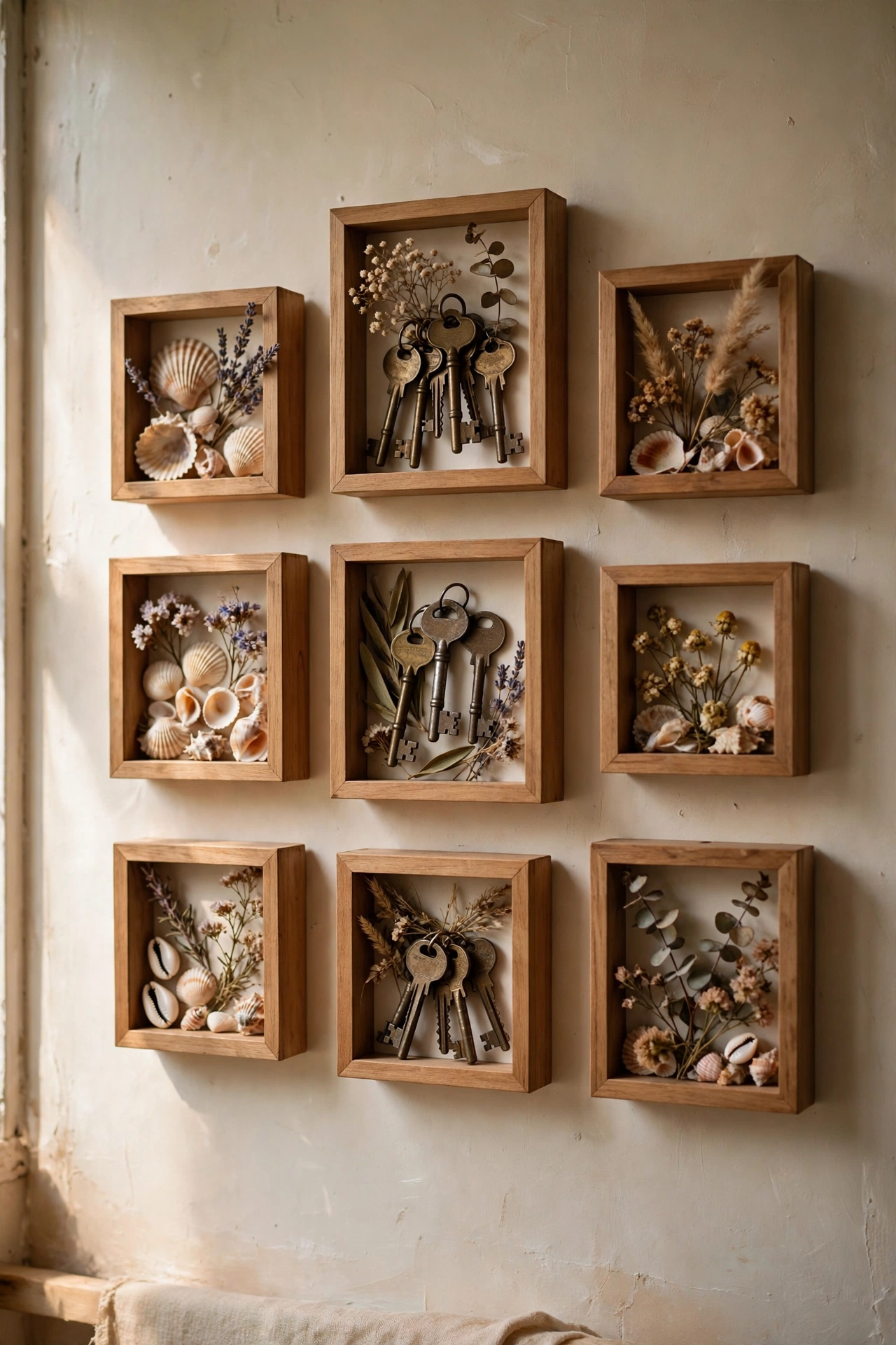 Shadow boxes holding small travel treasures as a three-dimensional gallery wall
