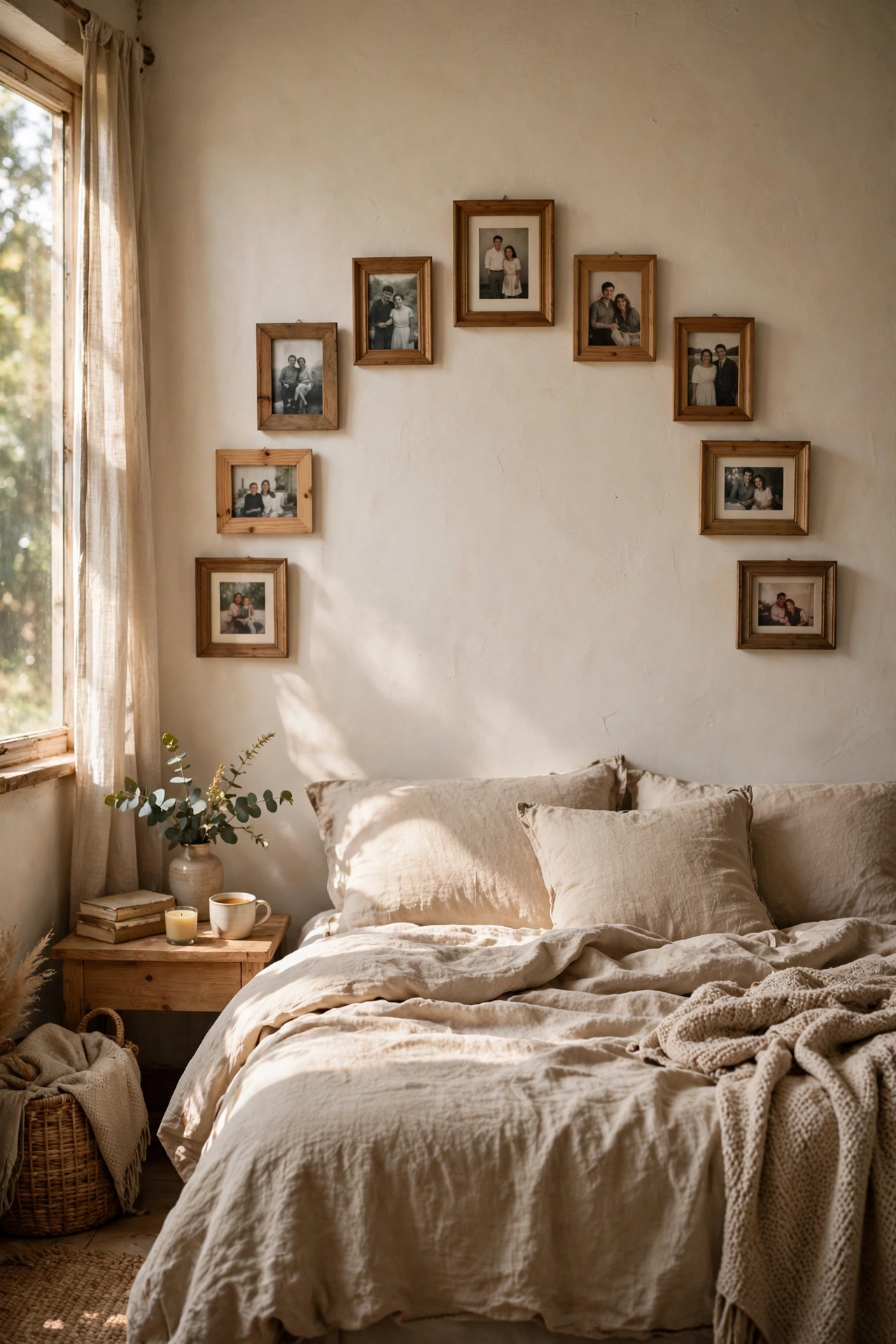 Nine frames hung in an arch shape over a bed mimicking a painted arch