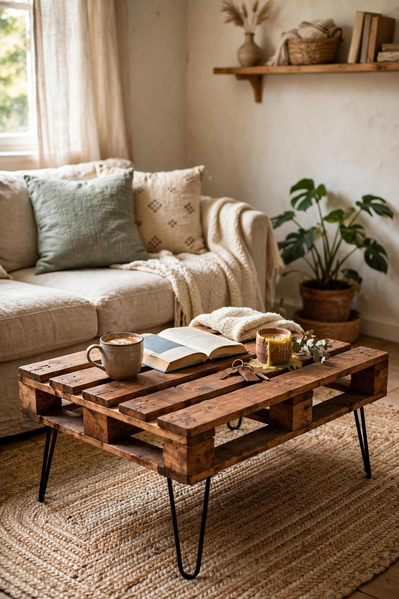A pallet wood diy coffee table with black hairpin legs in a living room