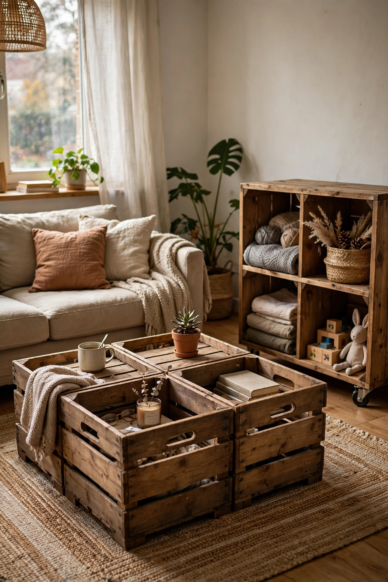 Four wooden crates arranged as a coffee table with storage cubbies on casters