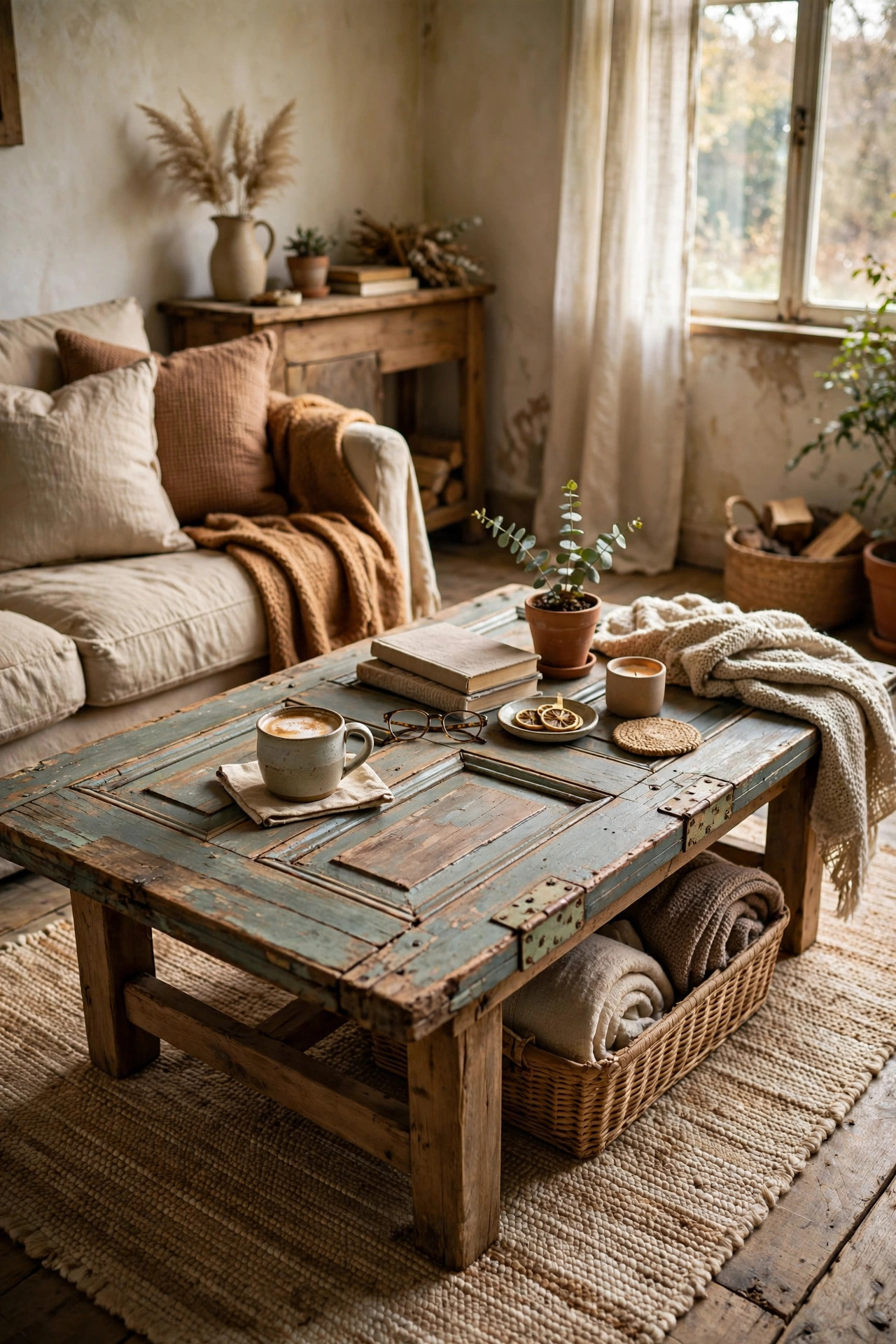 A salvaged panelled door laid flat as a characterful coffee table top