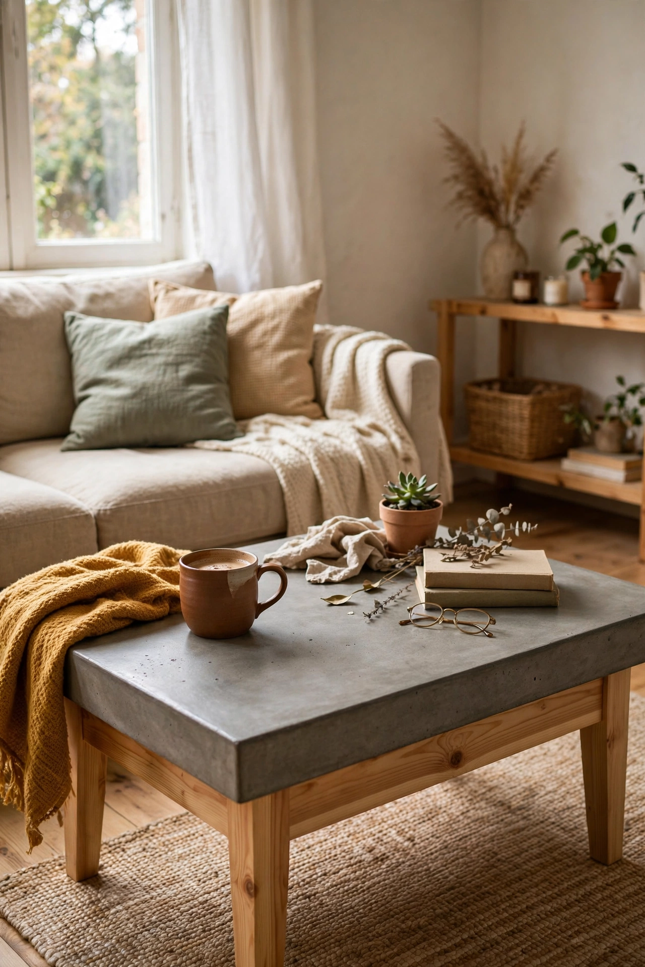 A coffee table with an industrial concrete top on a simple pine base