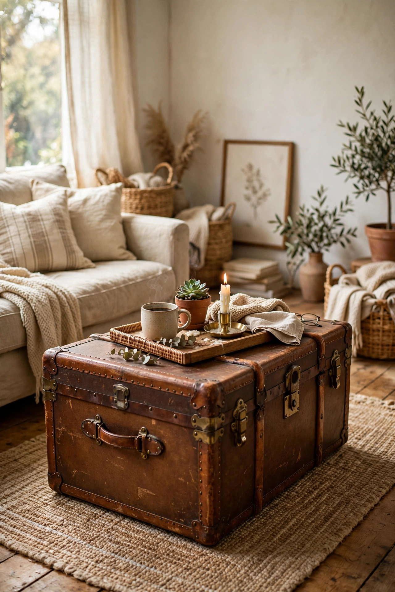 A vintage leather-trimmed trunk used as a coffee table with storage inside
