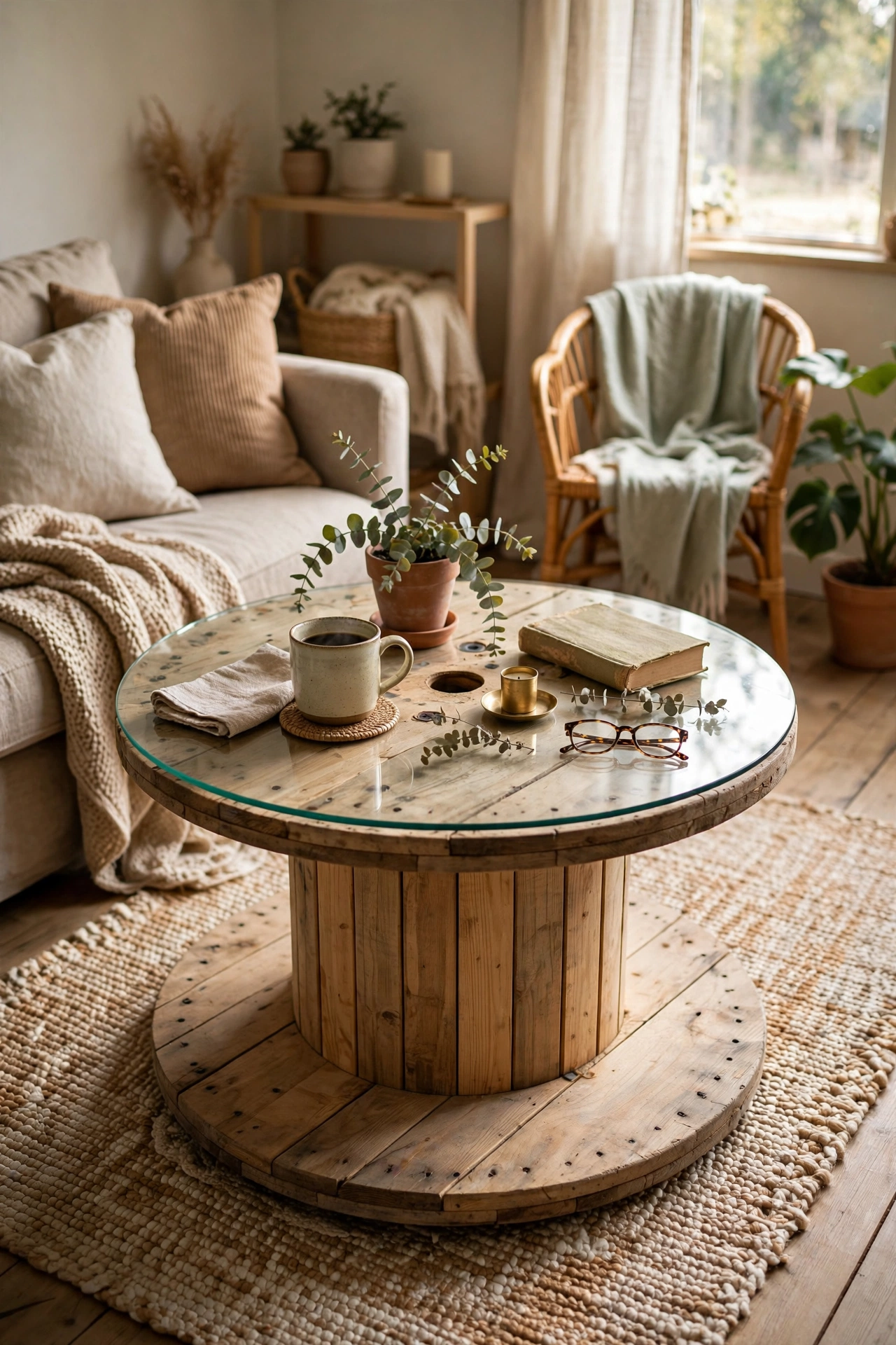 A wooden cable spool as a round coffee table with a glass top