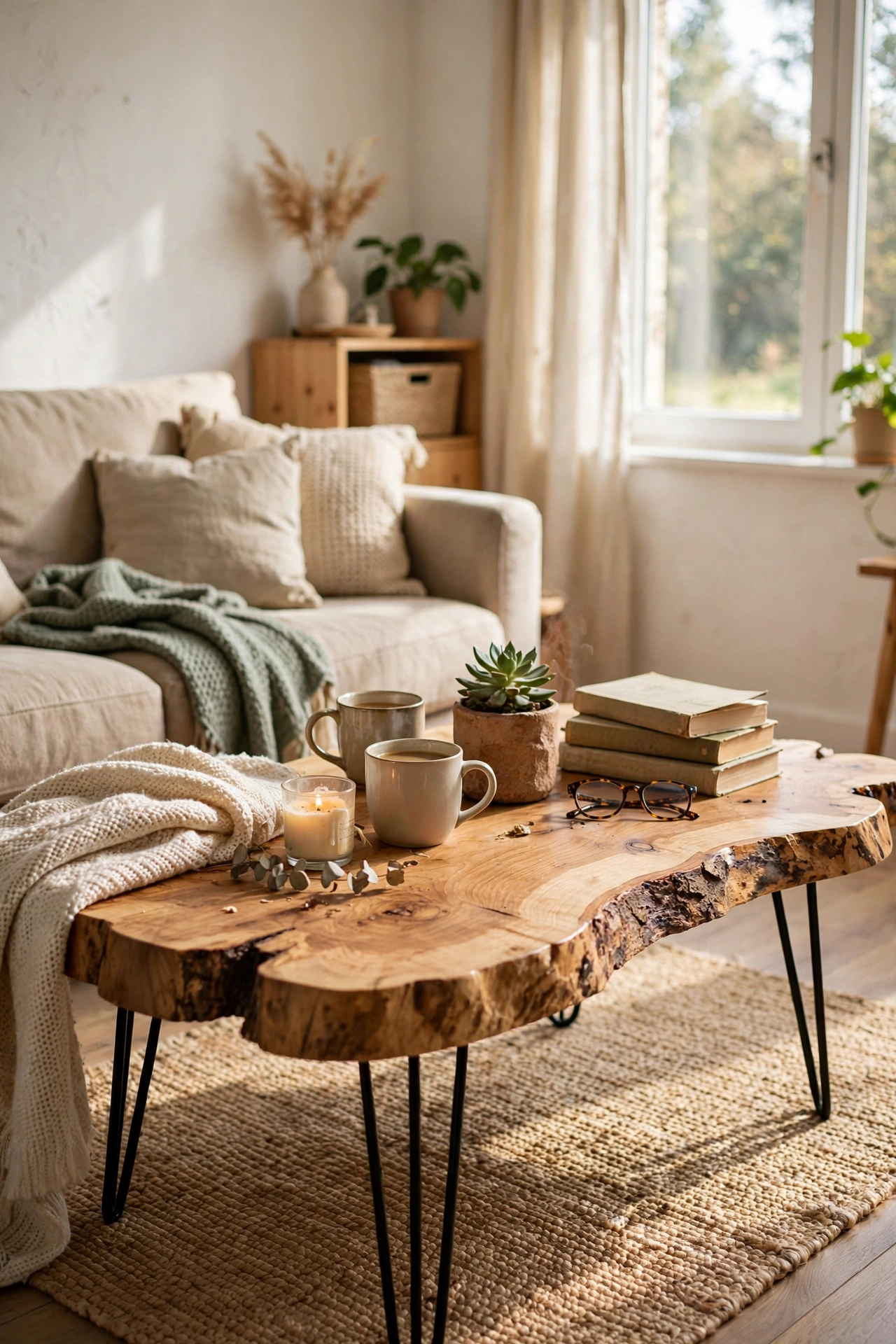 A live-edge elm slab coffee table on metal hairpin legs