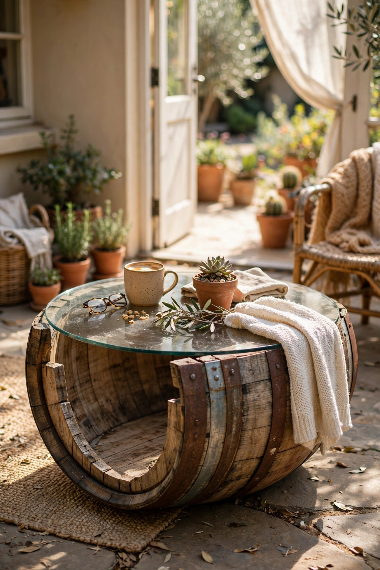 Half a wine barrel with a glass top as a rustic coffee table