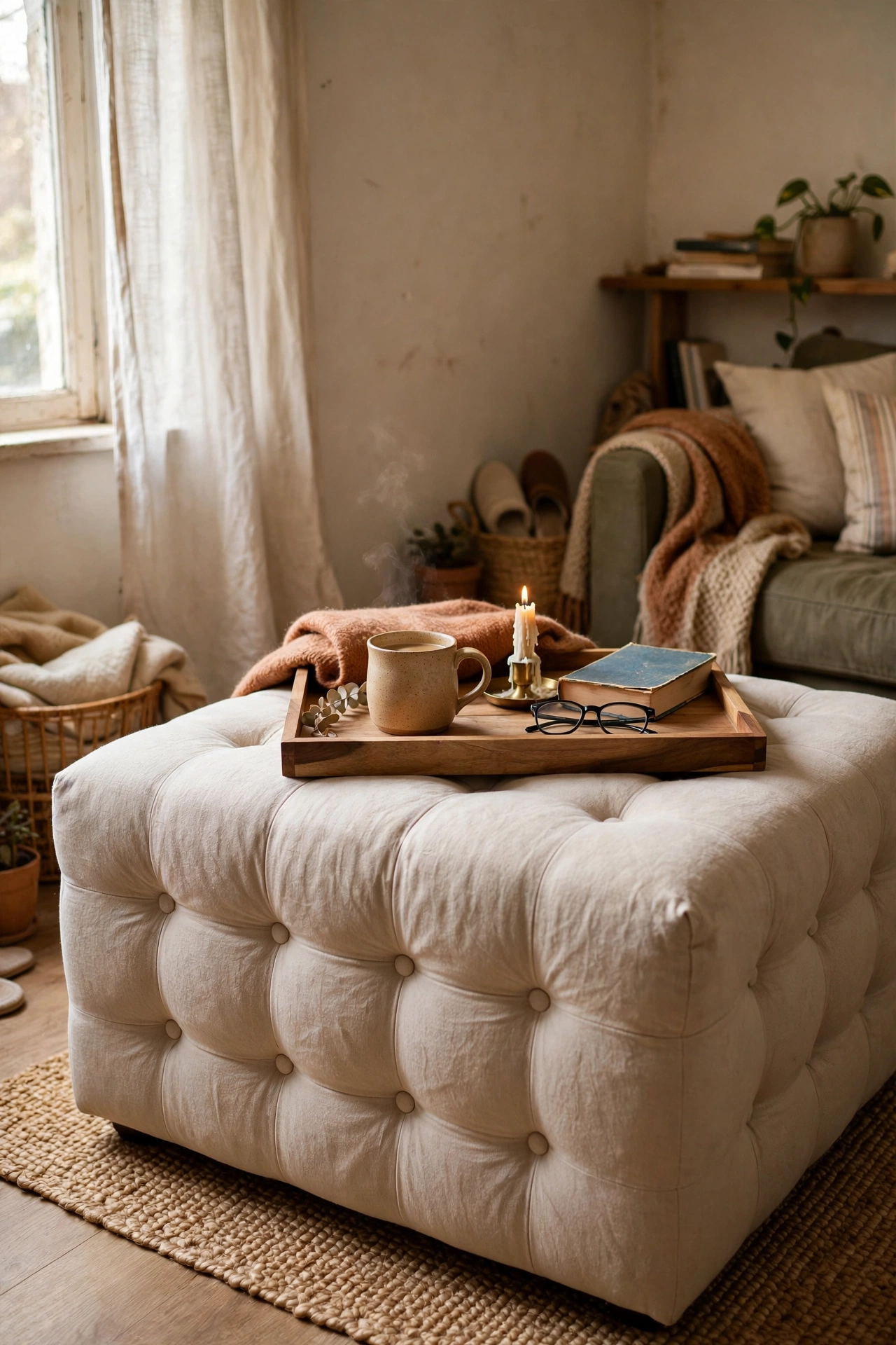 A large flat ottoman with a wooden tray used as a coffee table