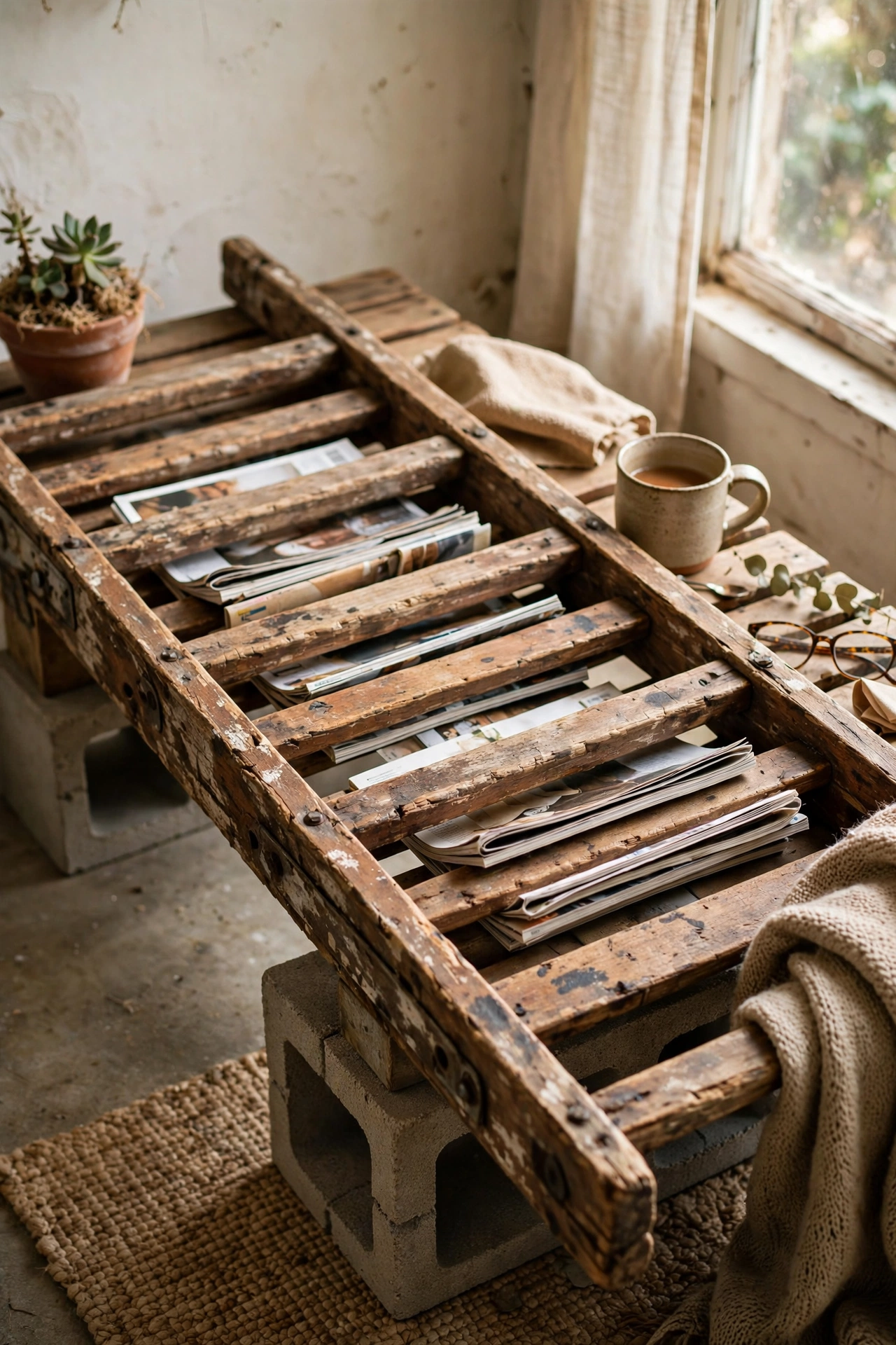 An old wooden ladder laid flat on concrete blocks as a slatted coffee table