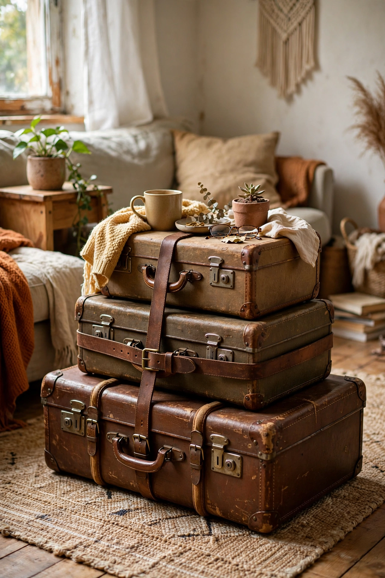 Three vintage suitcases stacked and strapped as a charming coffee table
