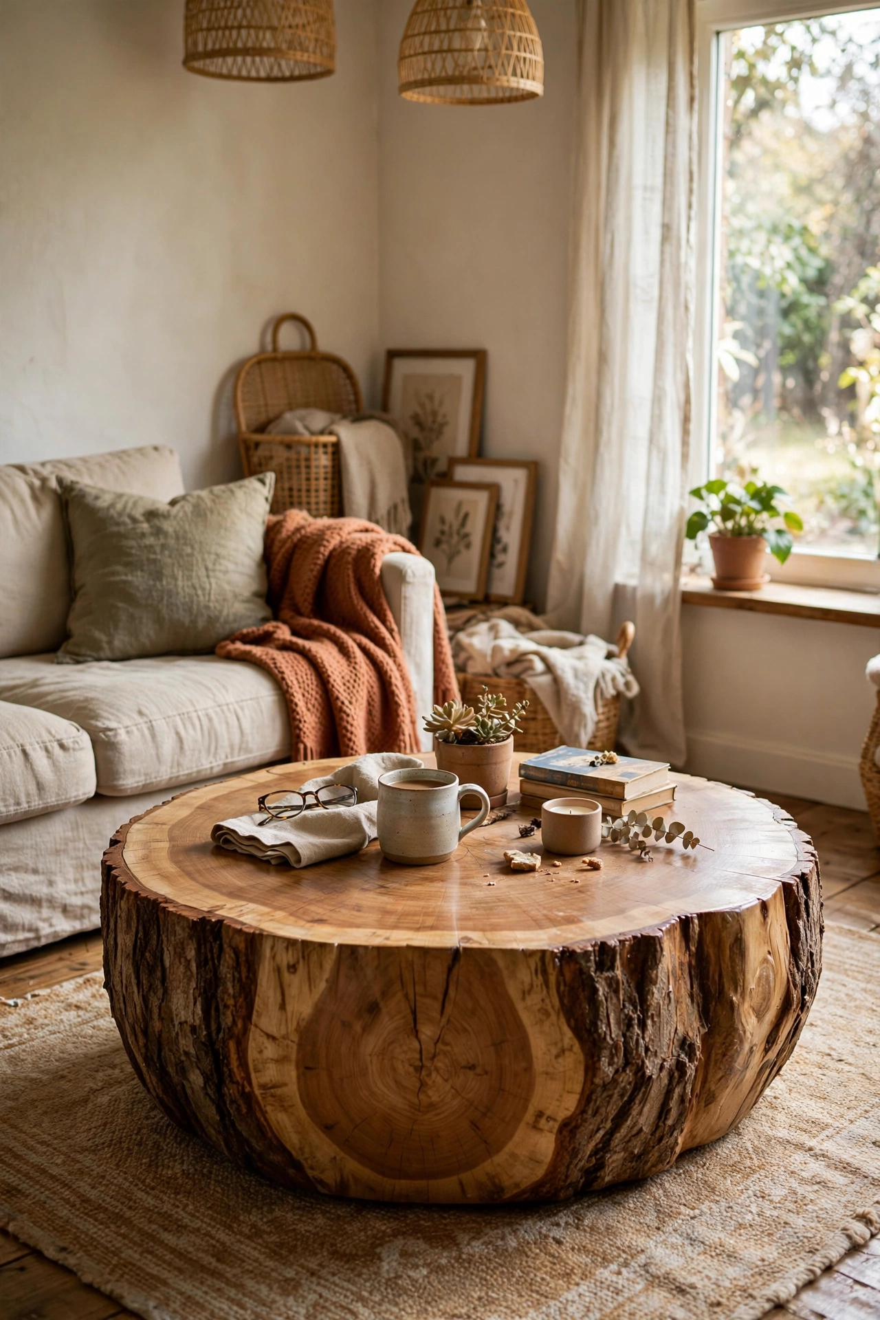 A large tree stump sanded and sealed as a sculptural coffee table