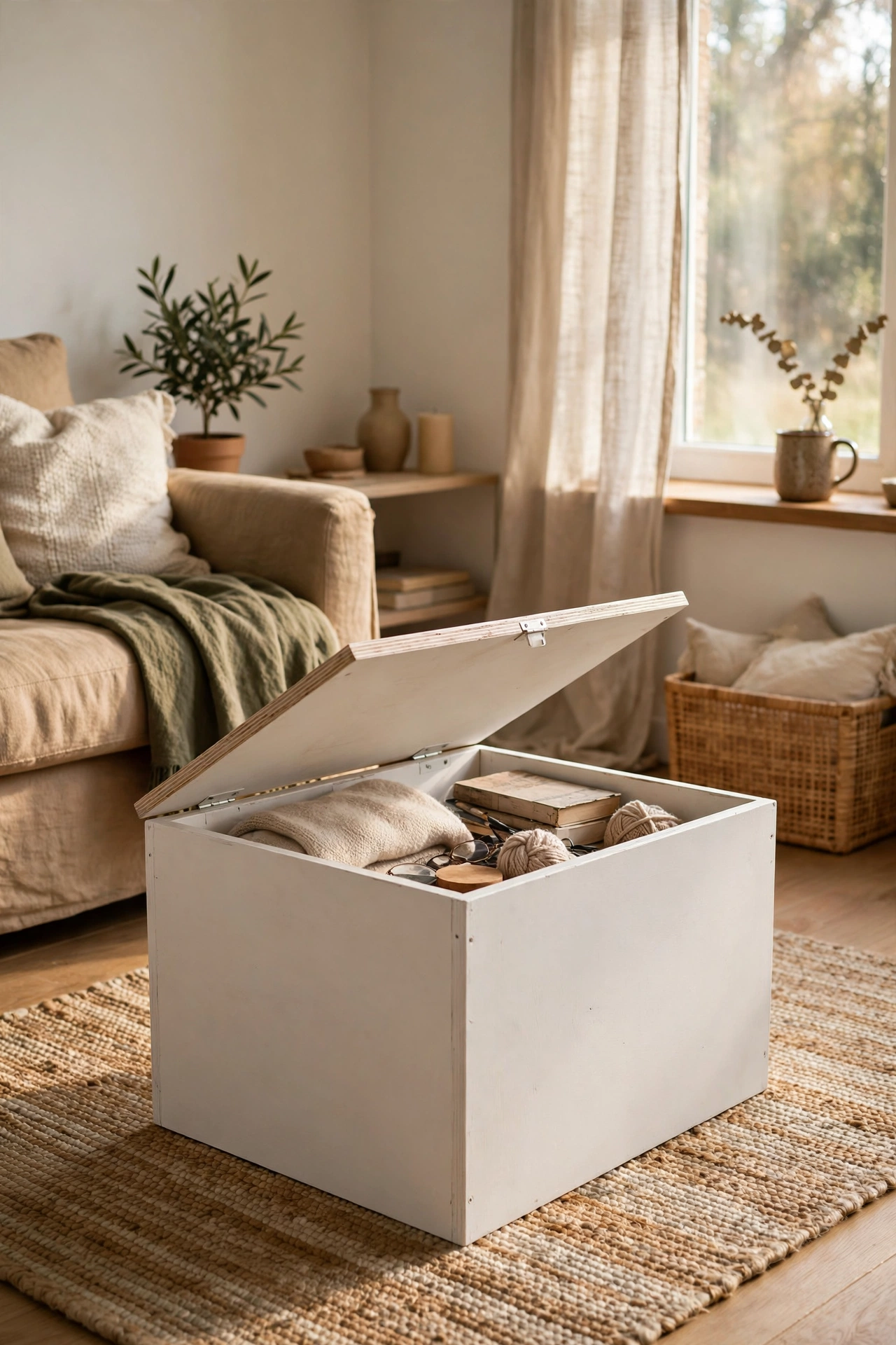 A simple white plywood box coffee table with a lift-up lid