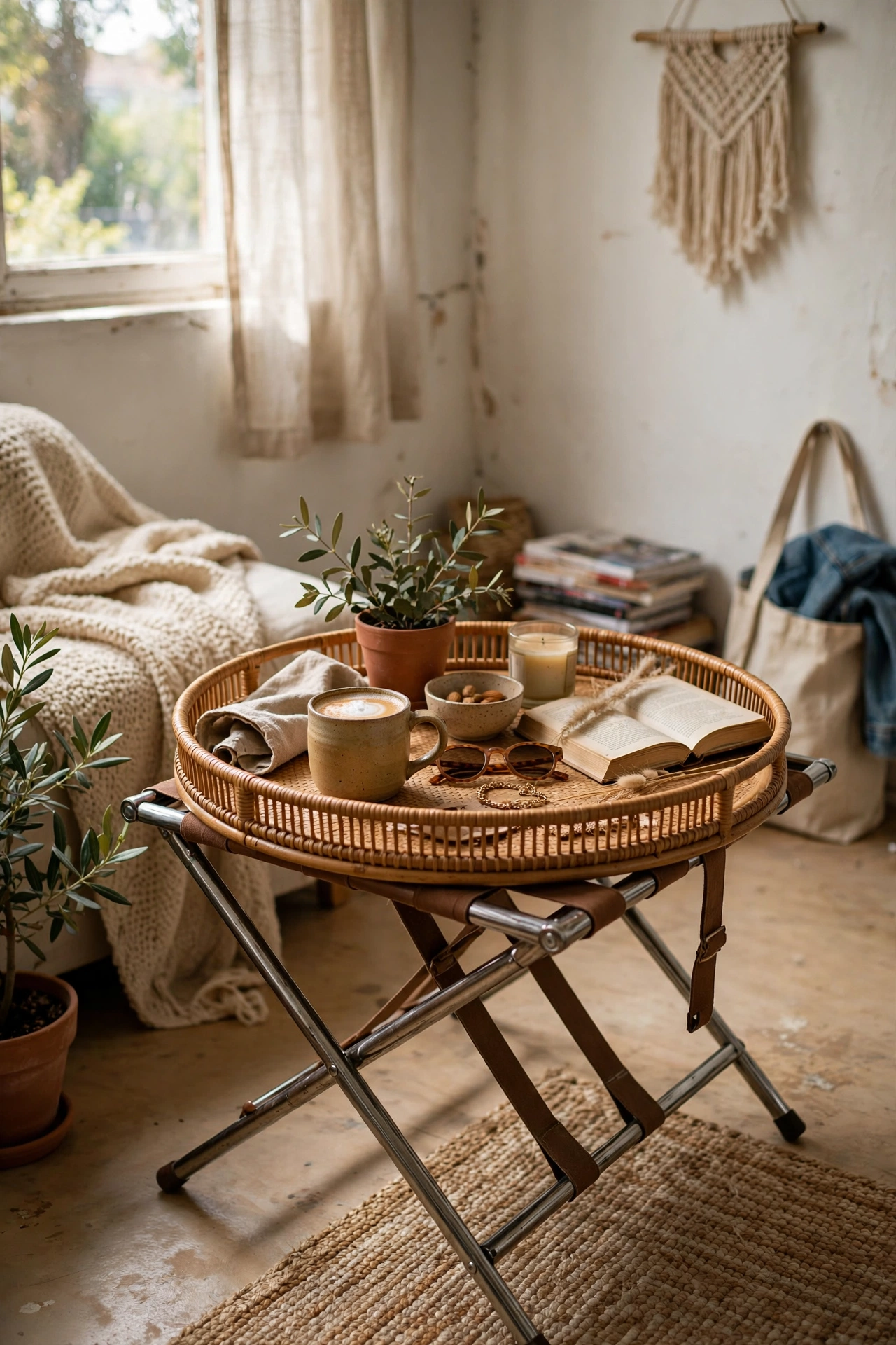 A large rattan tray on a folding luggage rack as a boho coffee table