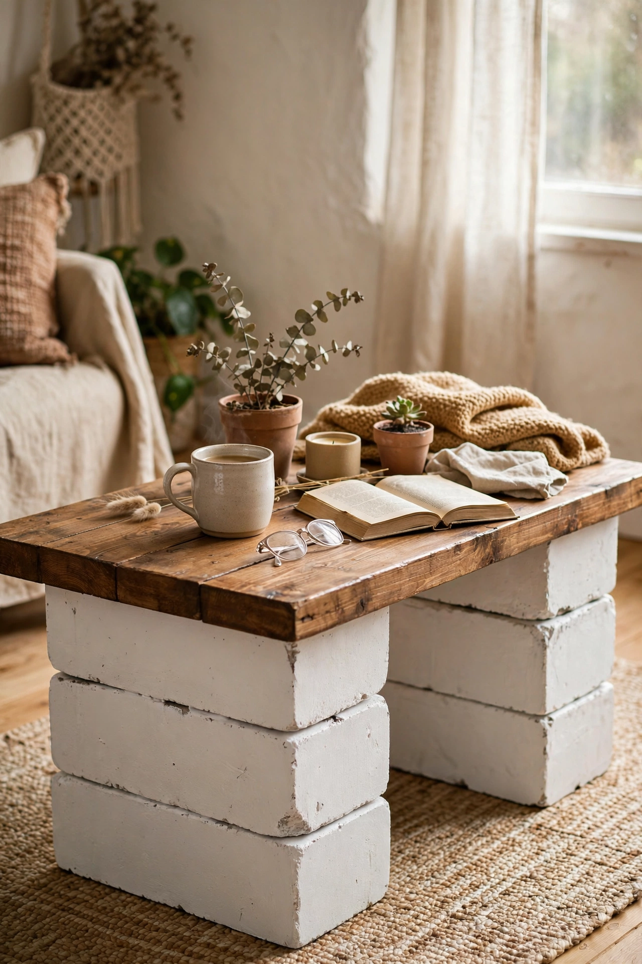 Concrete blocks painted white with a wood plank as an industrial coffee table