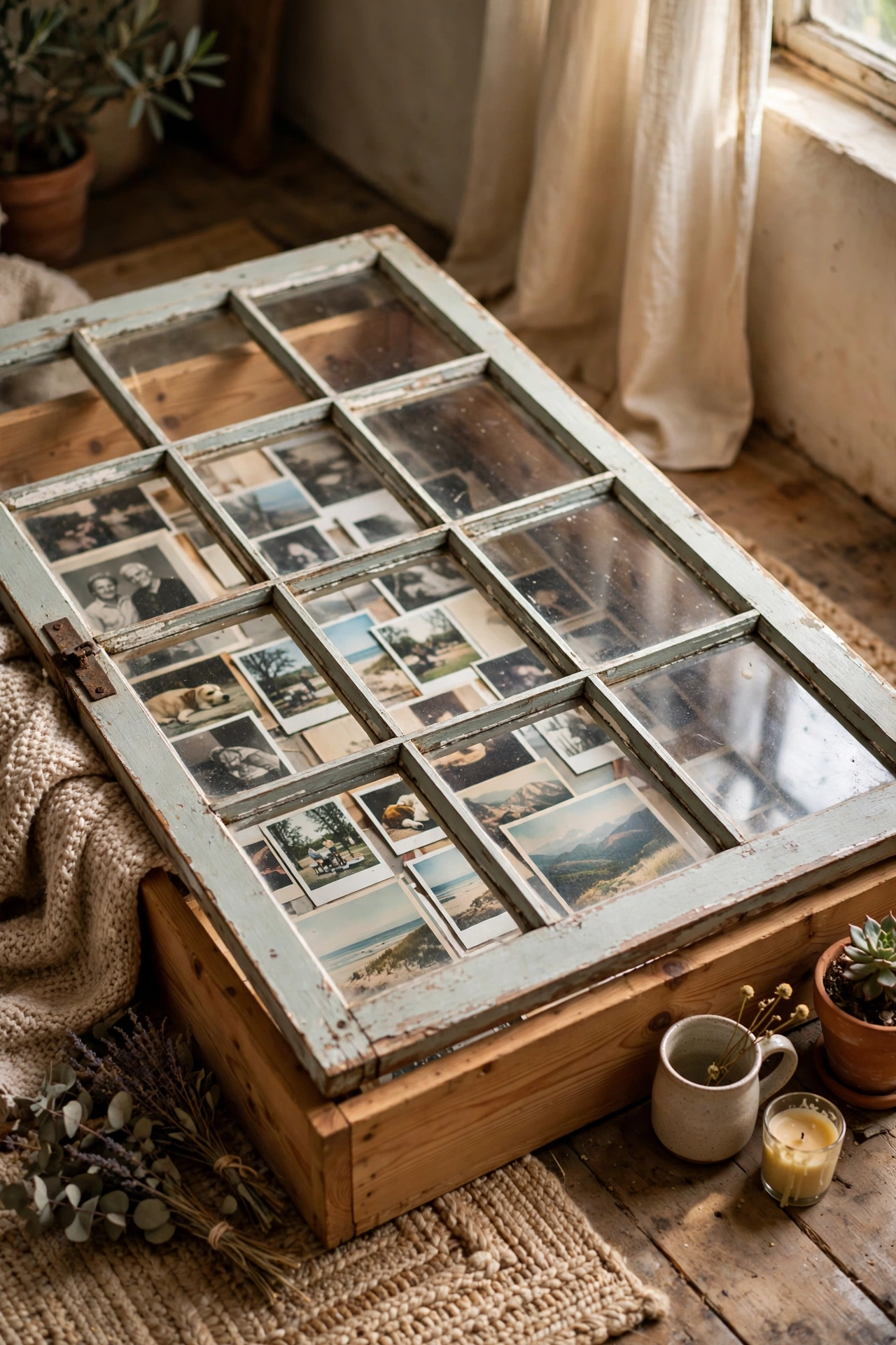 An old multi-pane window laid over a pine box as a display coffee table