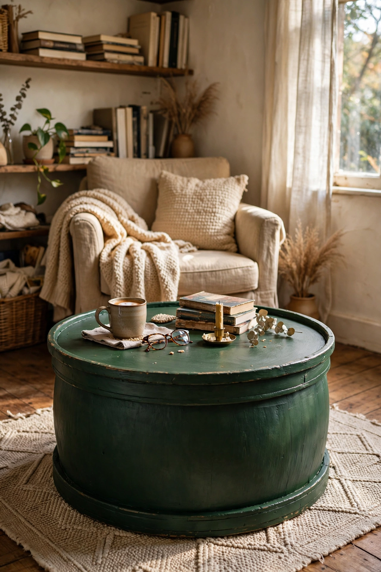 A wooden drum painted deep green as a round coffee table