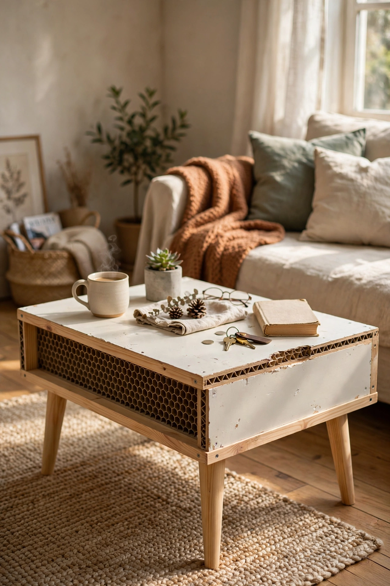 A hollow-core door cut down with pine trim as a light coffee table