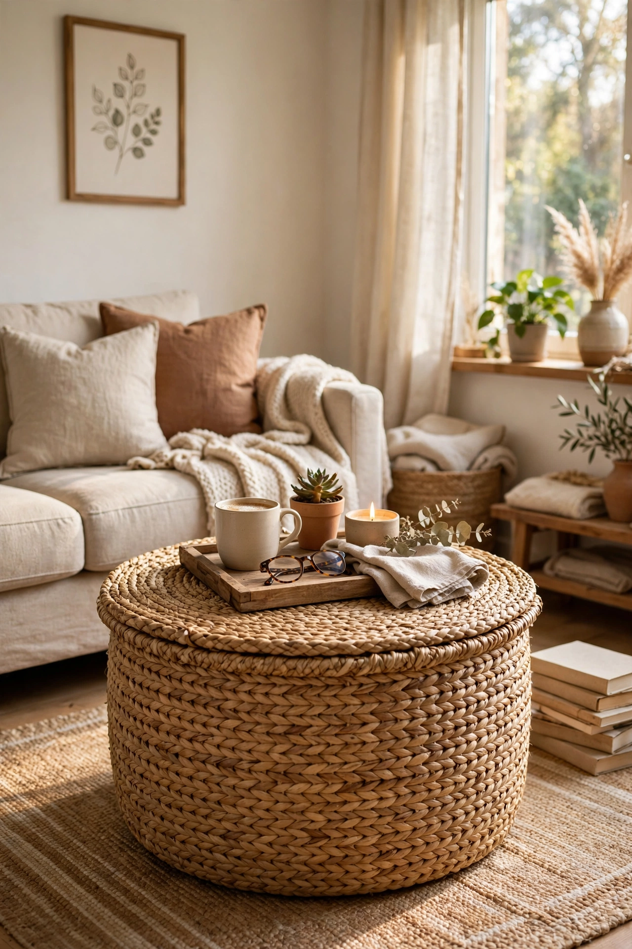 A large lidded seagrass basket used as a coffee table hiding clutter
