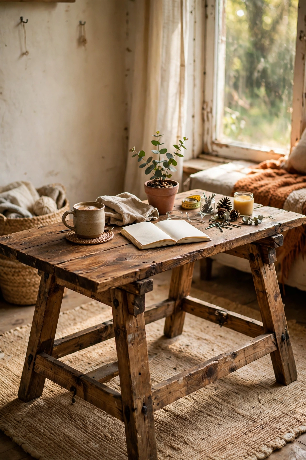 Two sawhorses with a stained plank as a workshop-chic coffee table