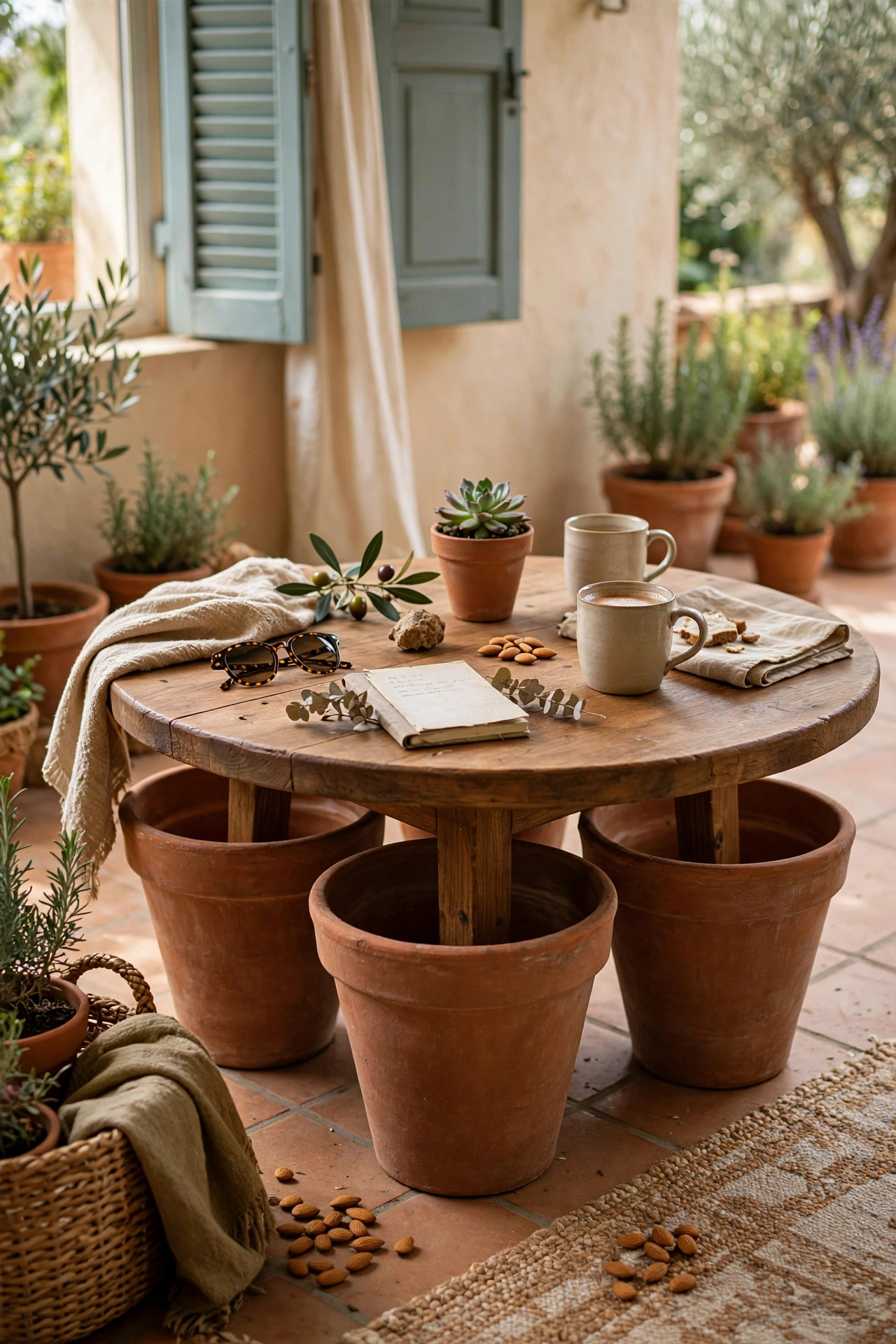 Four terracotta pots as legs with a round wood top as a Mediterranean coffee table