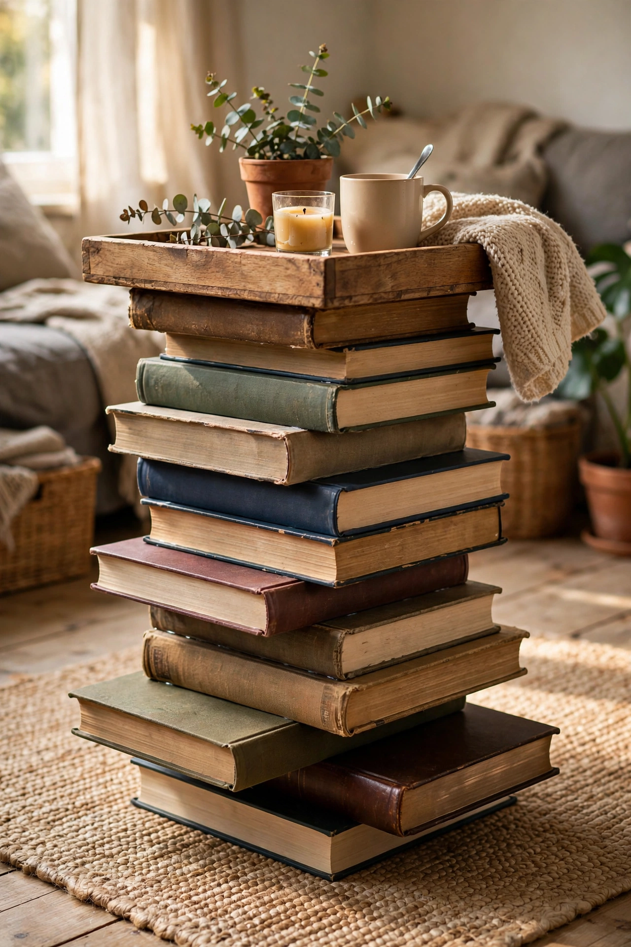 A staggered stack of hardcover books glued as a literary coffee table