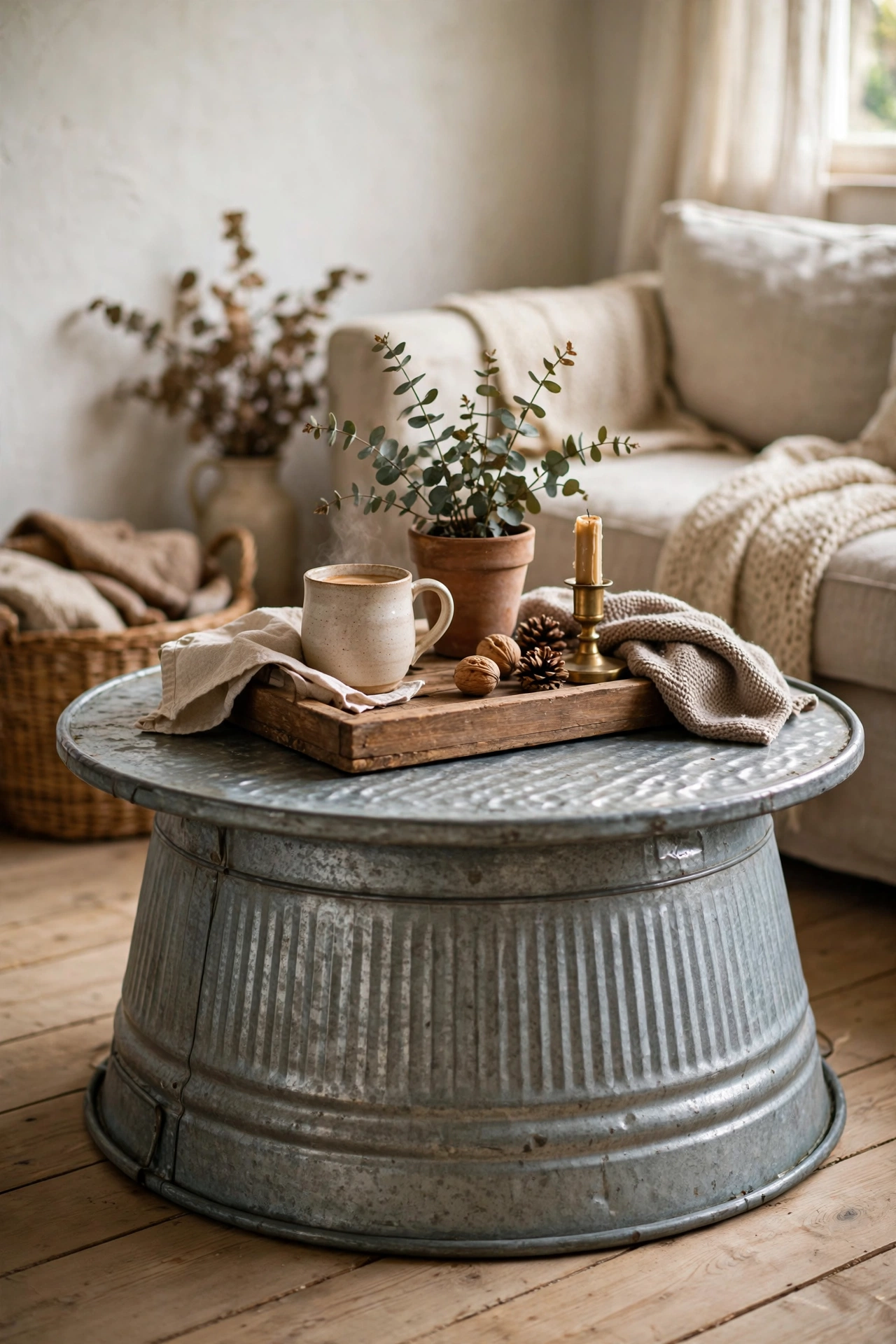 A galvanised washtub flipped upside down as a farmhouse coffee table