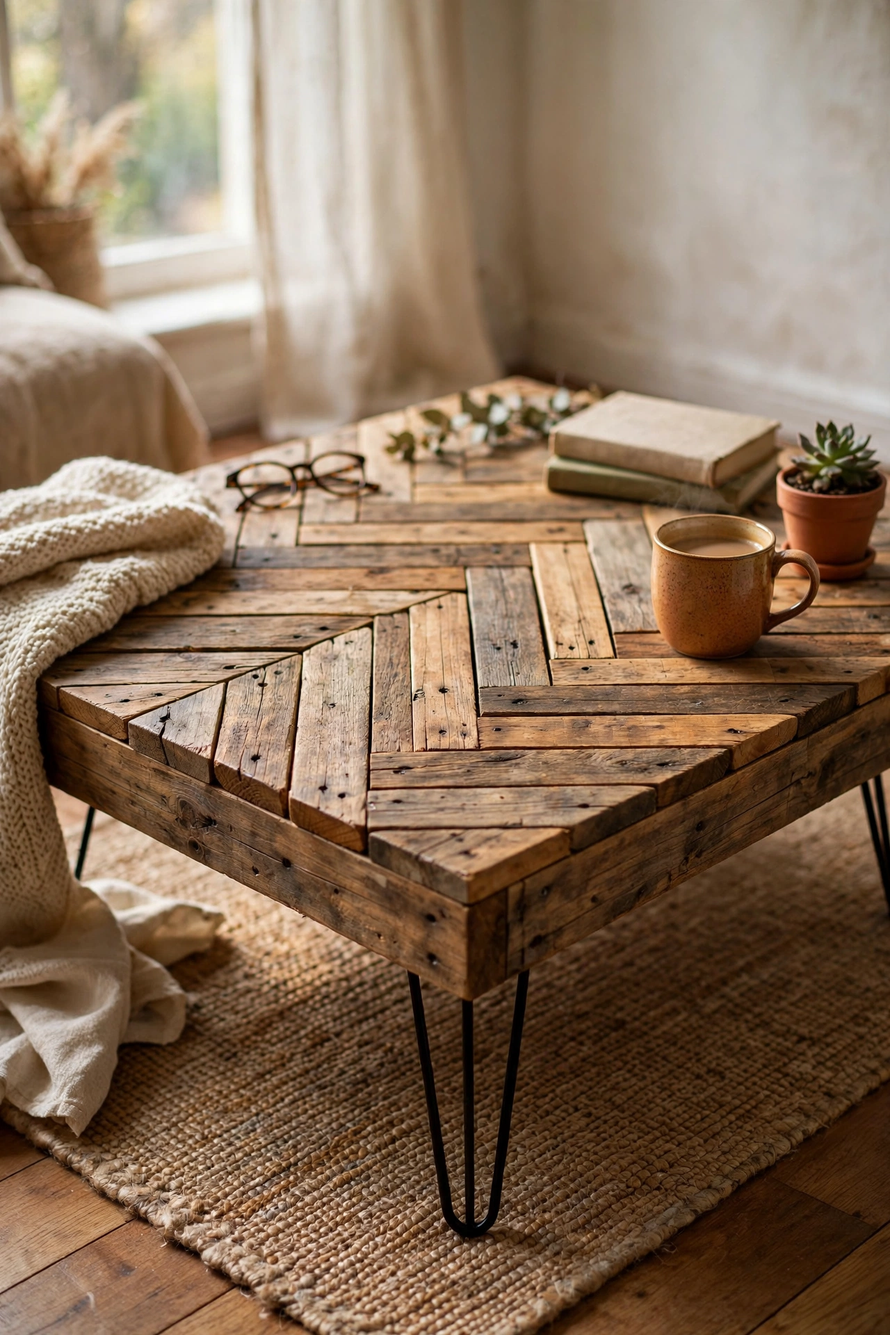 Pallet slats in a herringbone pattern as a coffee table top