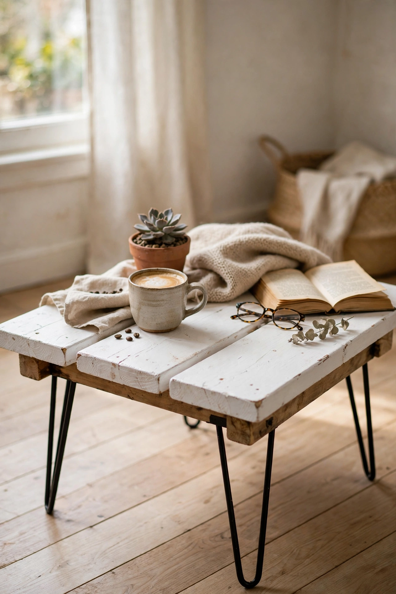 Three pine planks on battens with hairpin legs as a simple Scandinavian coffee table