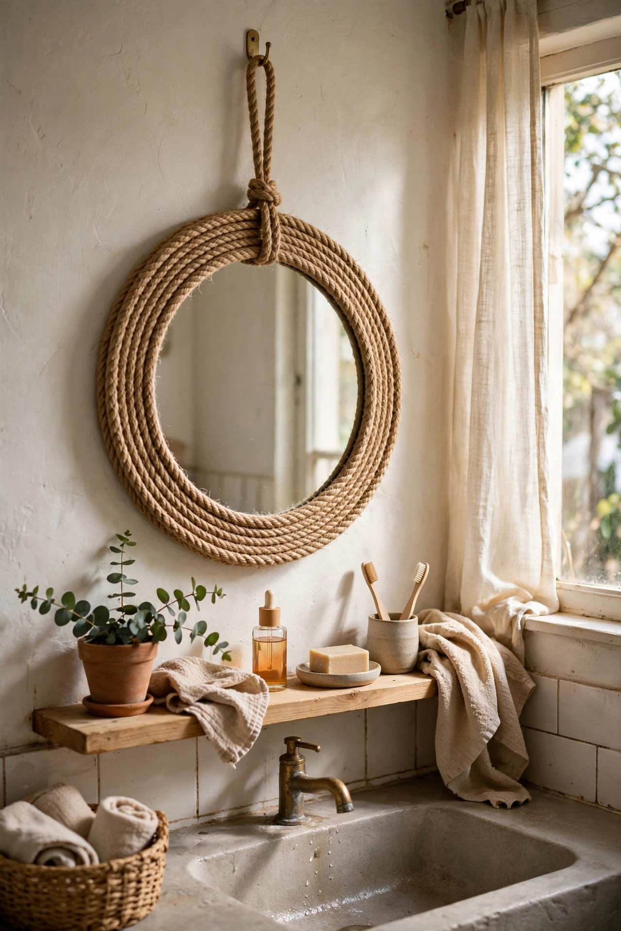 A round diy mirror wrapped in jute rope hanging in a bathroom