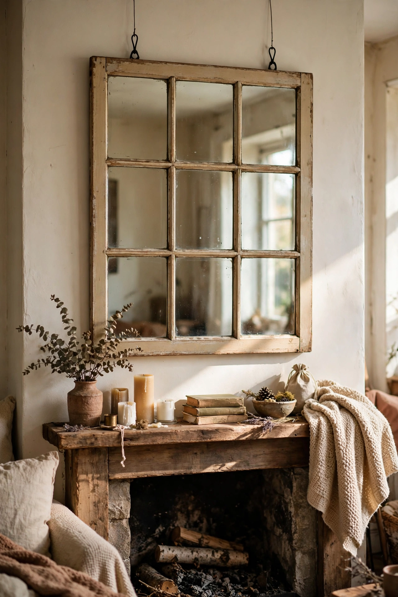 An old multi-pane window converted into a grid mirror over a mantel