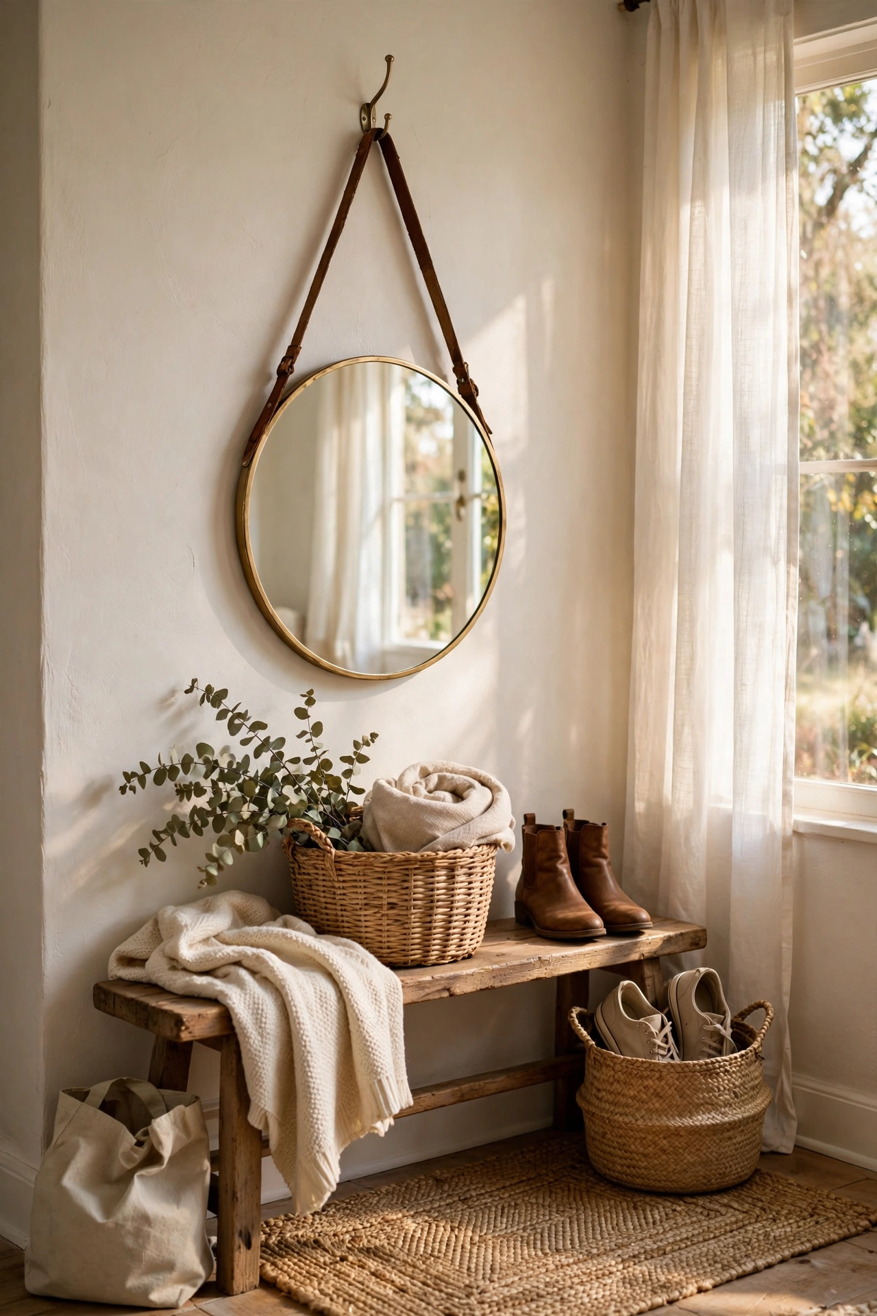 A round mirror hung from a leather strap on a single hook in an entryway