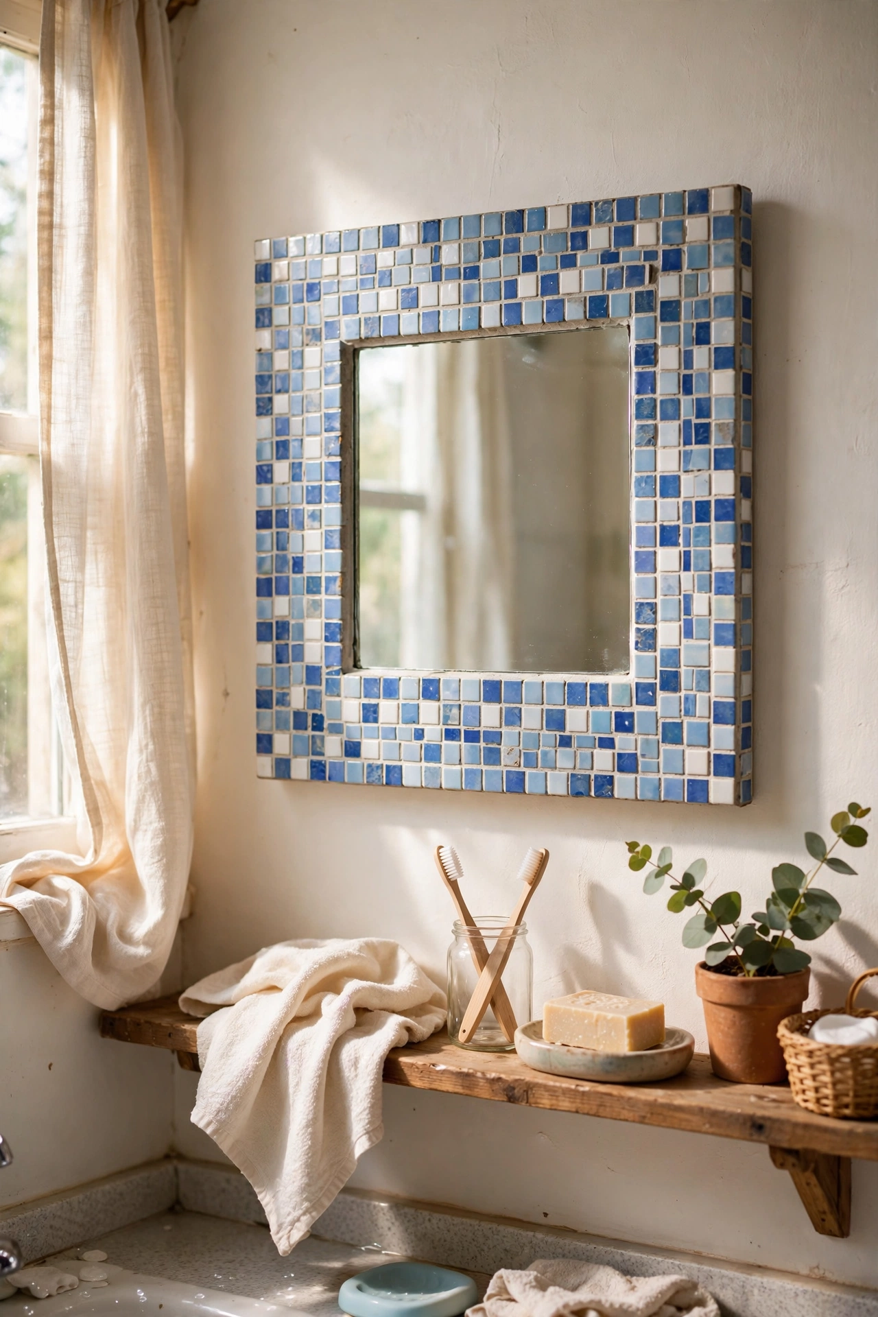 A square mirror framed with blue and white mosaic tiles in a bathroom