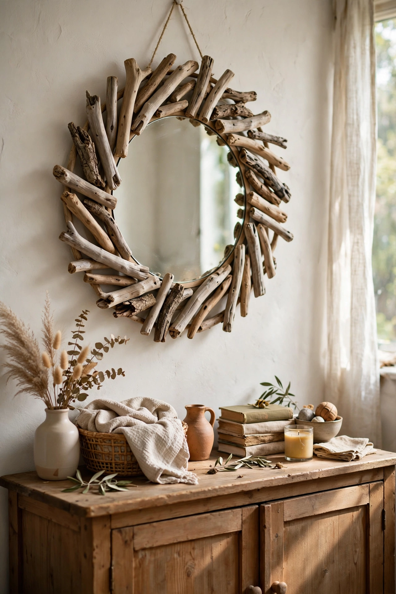 A round mirror framed with collected driftwood pieces over a sideboard