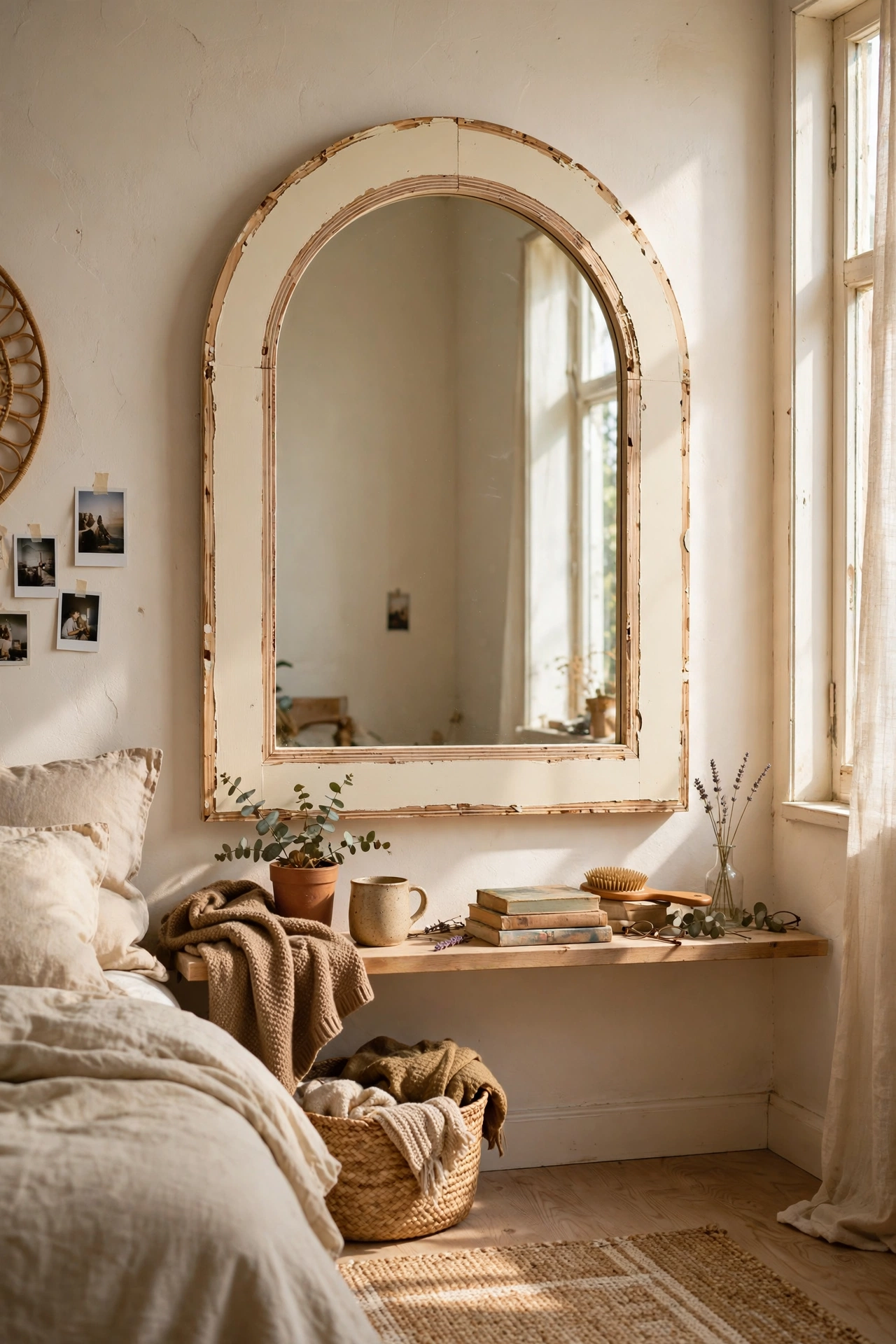 An arch-topped diy mirror with a cream painted plywood frame