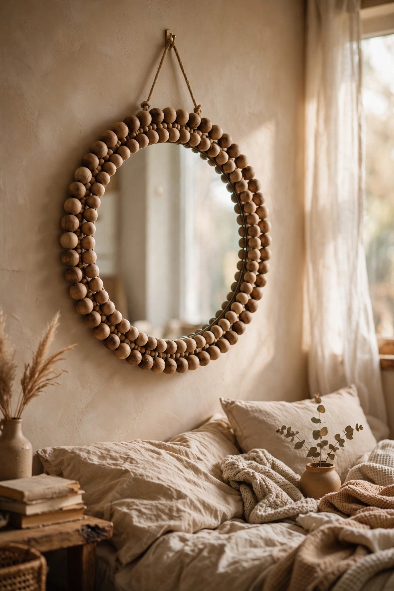 A round mirror framed with natural wooden beads in a bedroom