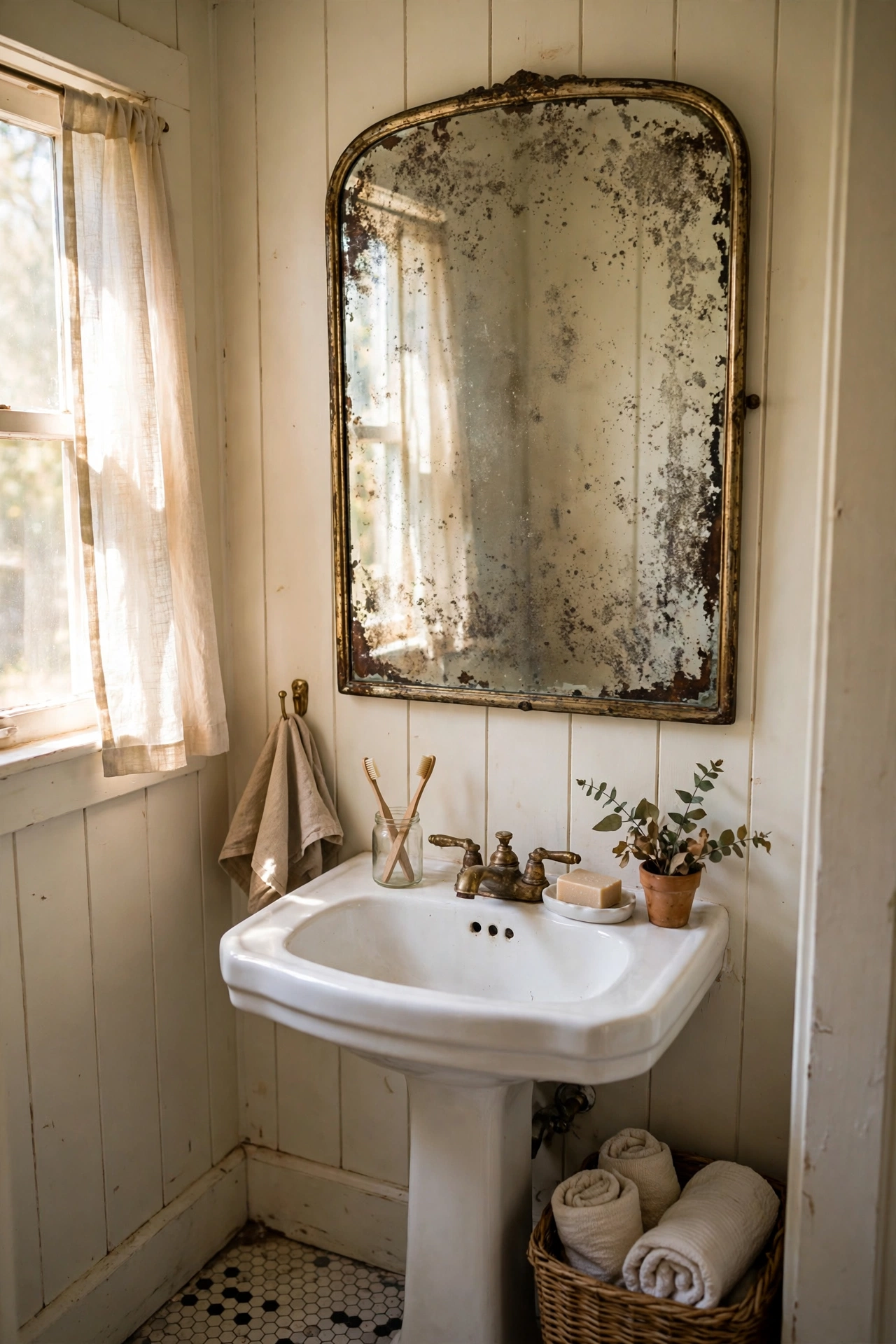 A mirror with an antiqued foxed finish looking vintage in a powder room