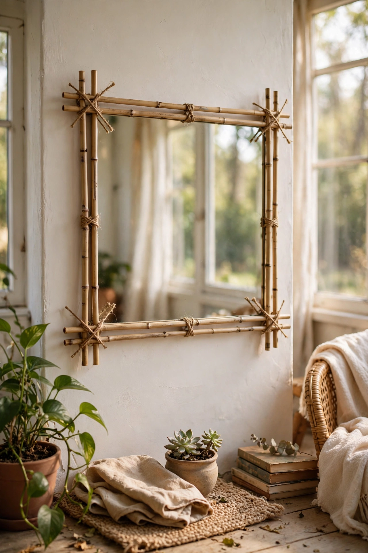 A square mirror framed with thin bamboo canes tied with twine