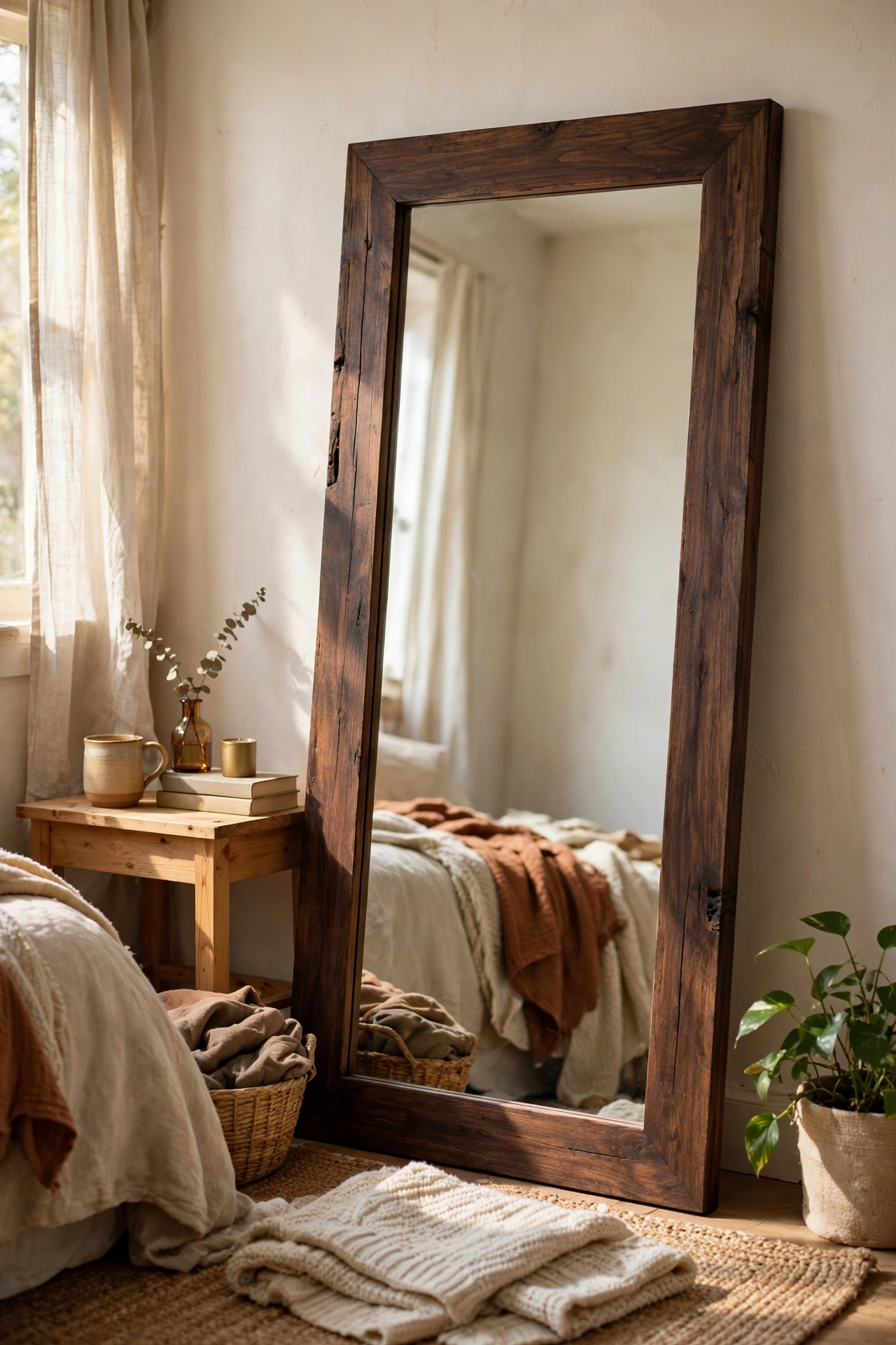 A full-length mirror in a chunky dark walnut wood frame leaned in a bedroom