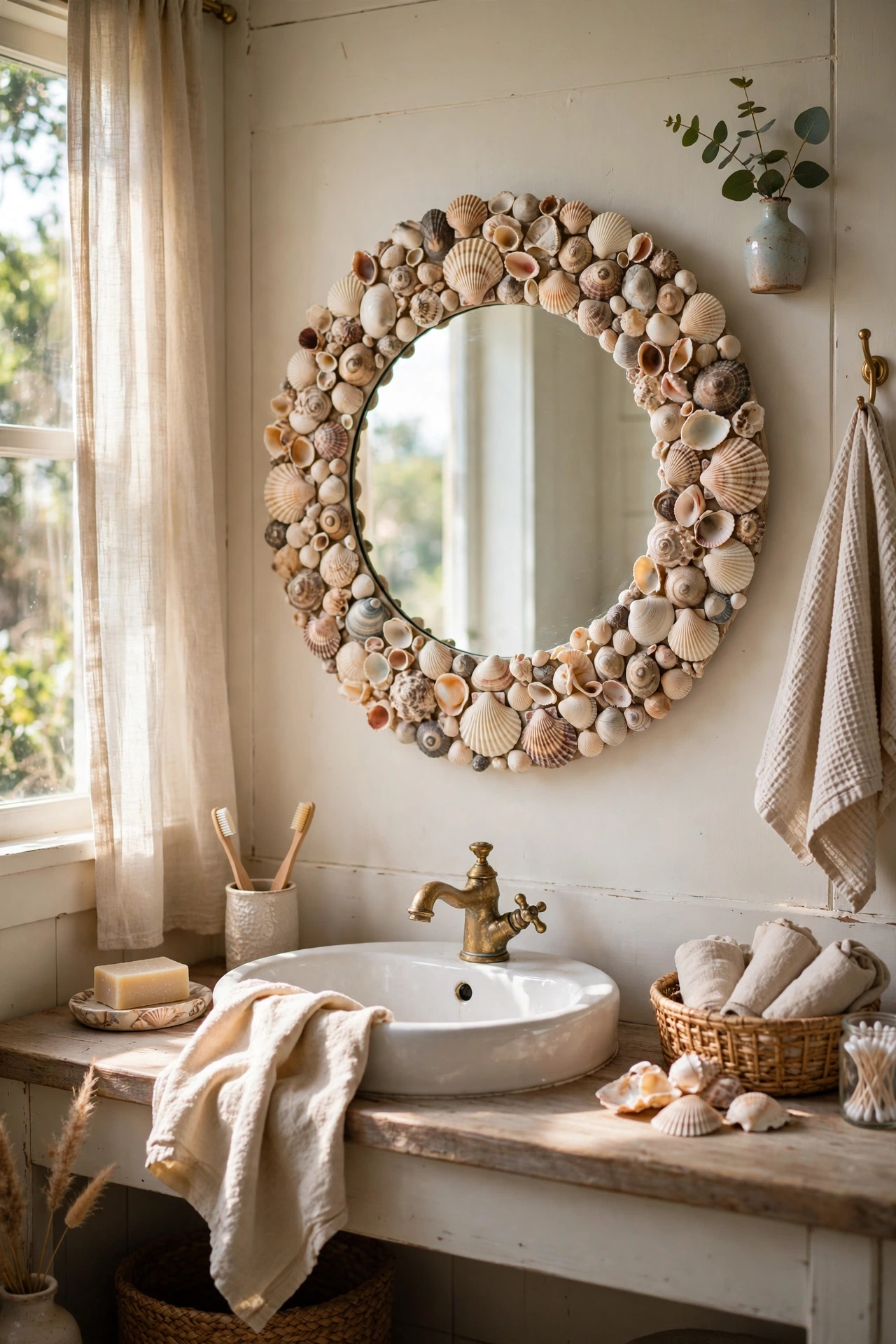 A round mirror framed with collected seashells in a bathroom