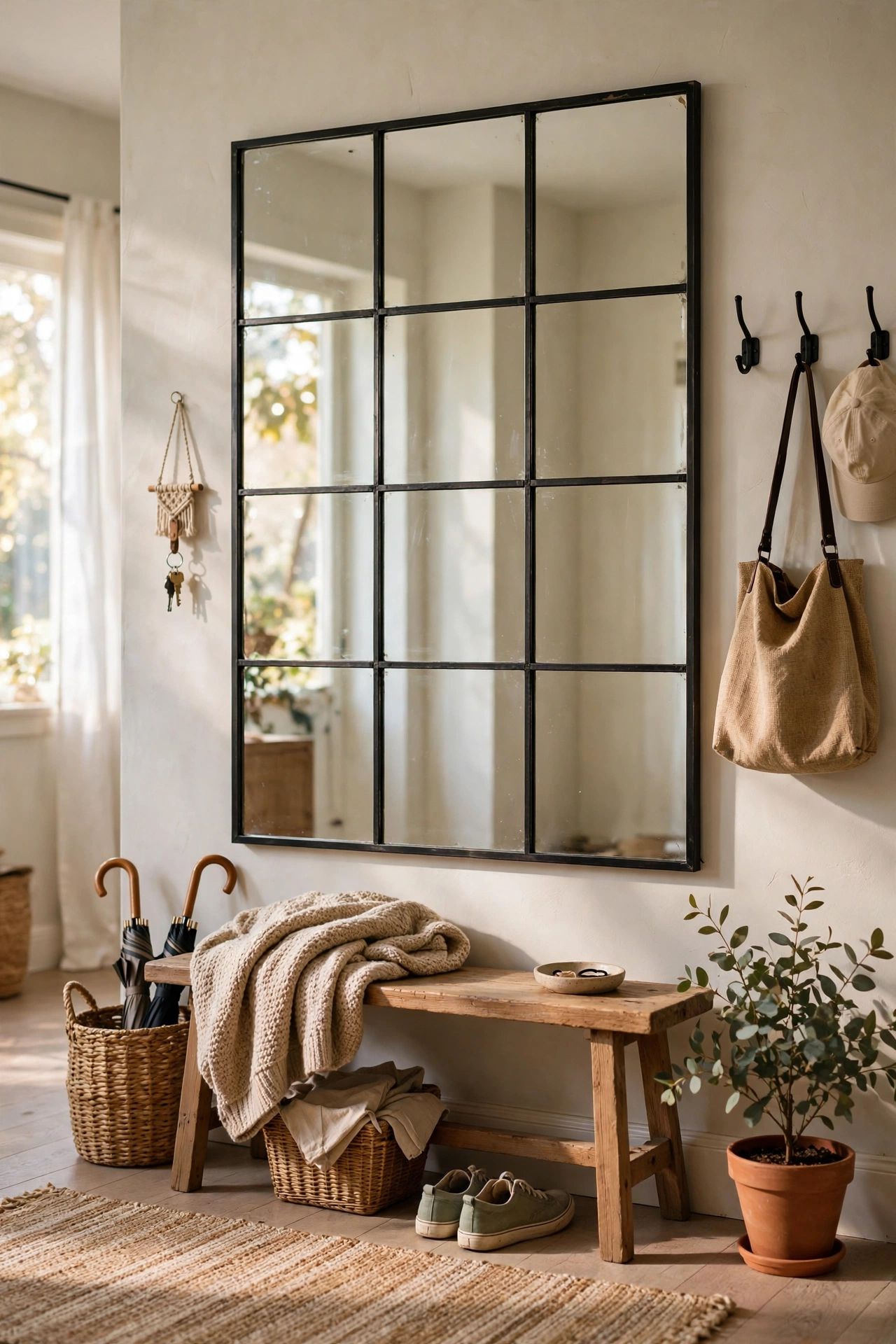 A large mirror with black trim grid mimicking an industrial steel-frame mirror