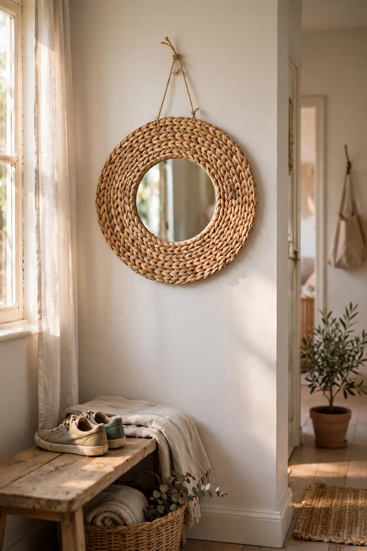 A small mirror framed with a woven seagrass placemat in a hallway