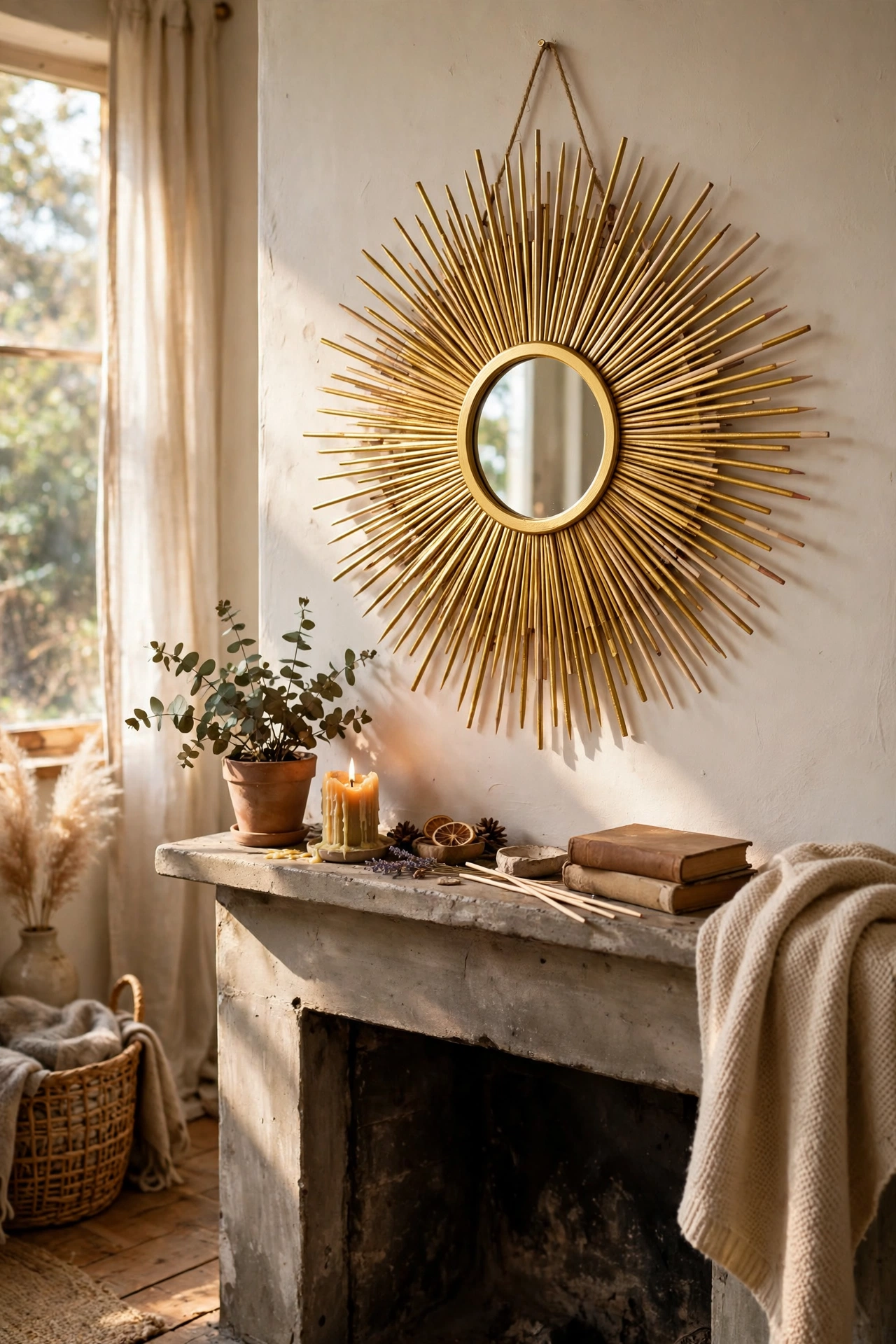 A gold sunburst mirror made from wooden skewers over a mantel