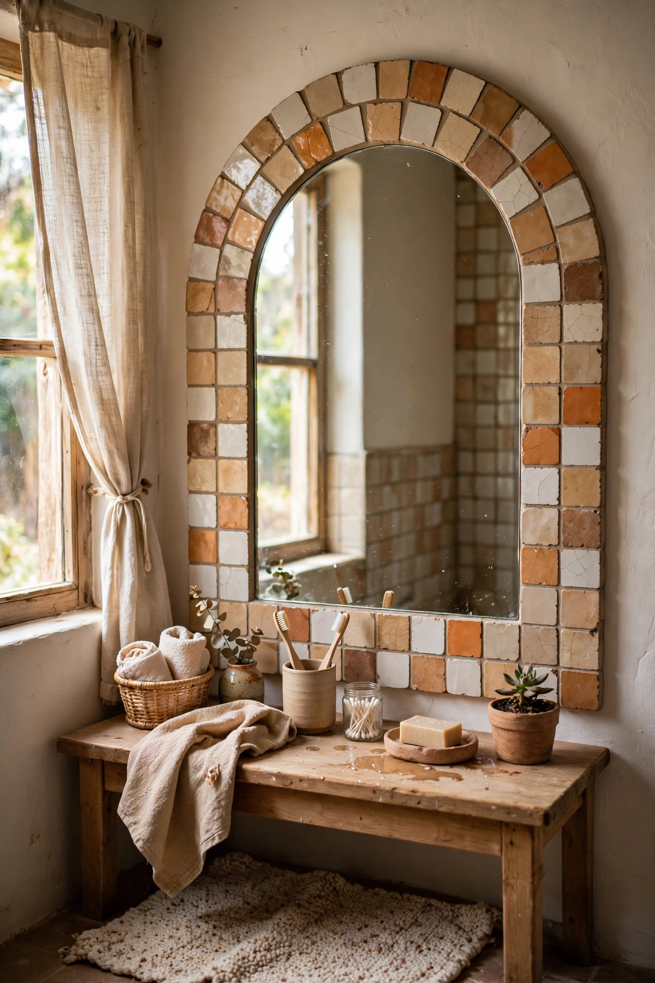 An arch mirror framed with zellige-look tiles in a bathroom