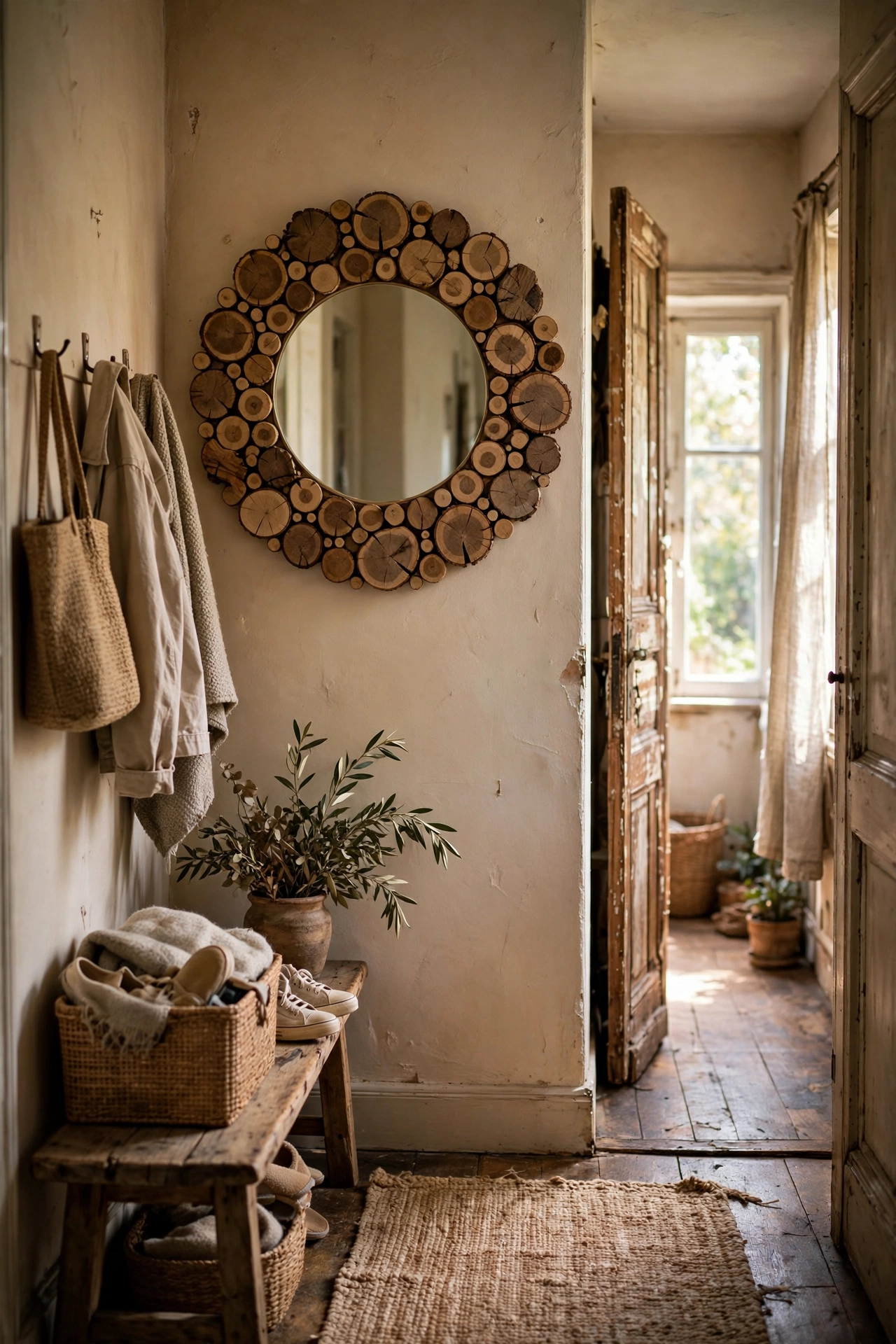 A round mirror framed with dried wood slices in a hallway