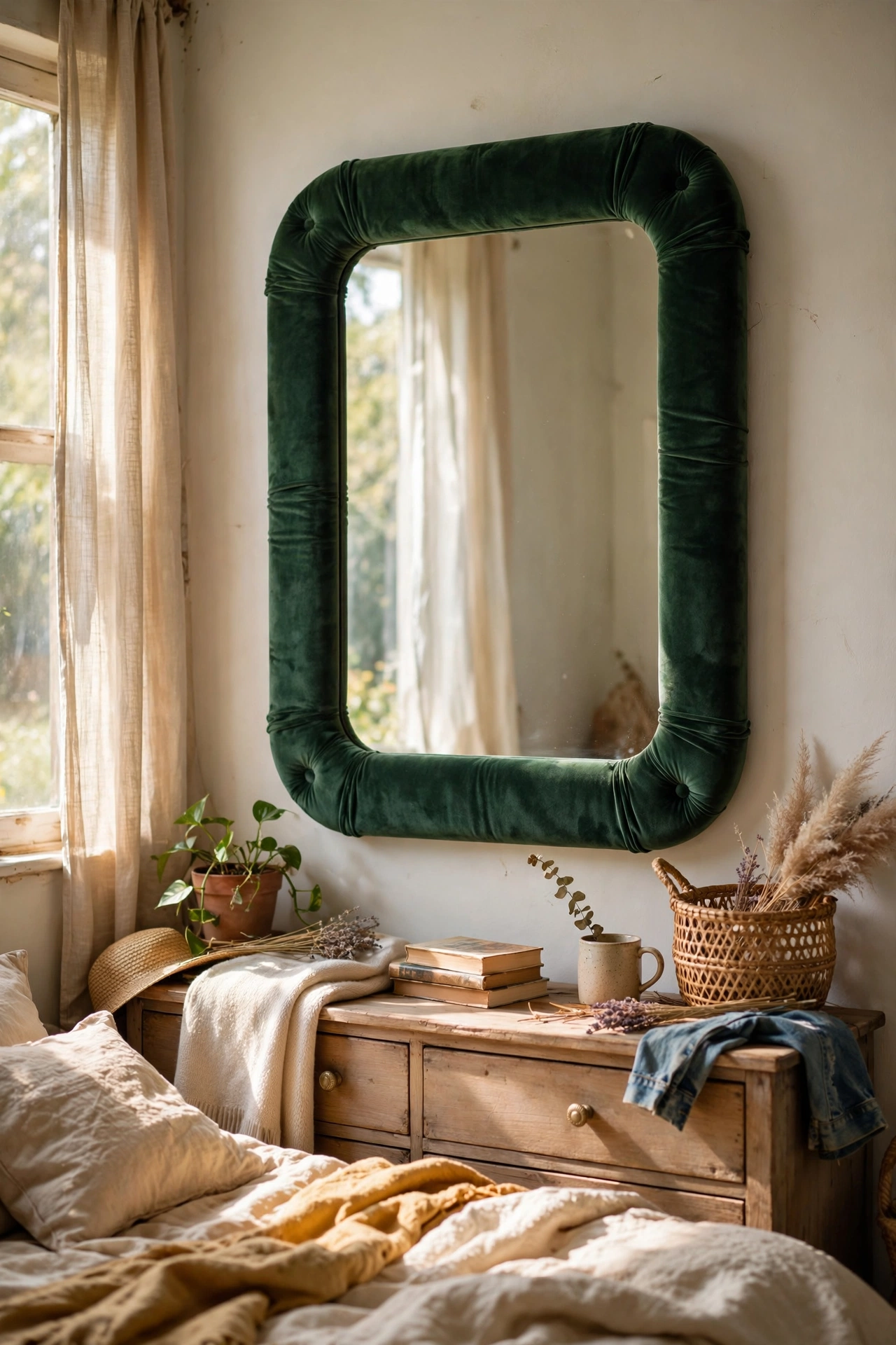 A mirror with a deep green velvet-wrapped frame in a bedroom