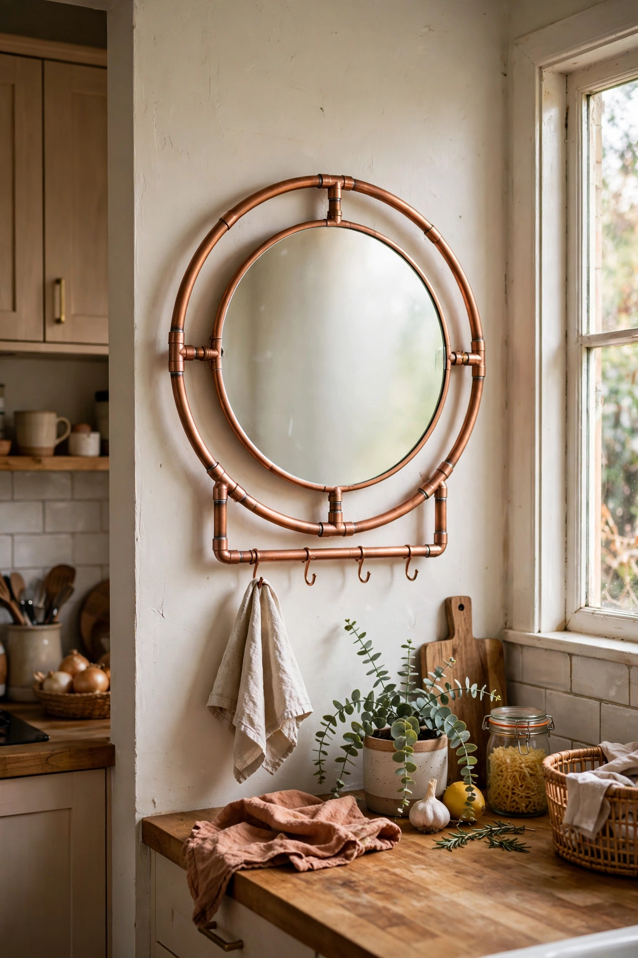 A round mirror in a copper plumbing pipe frame in a kitchen