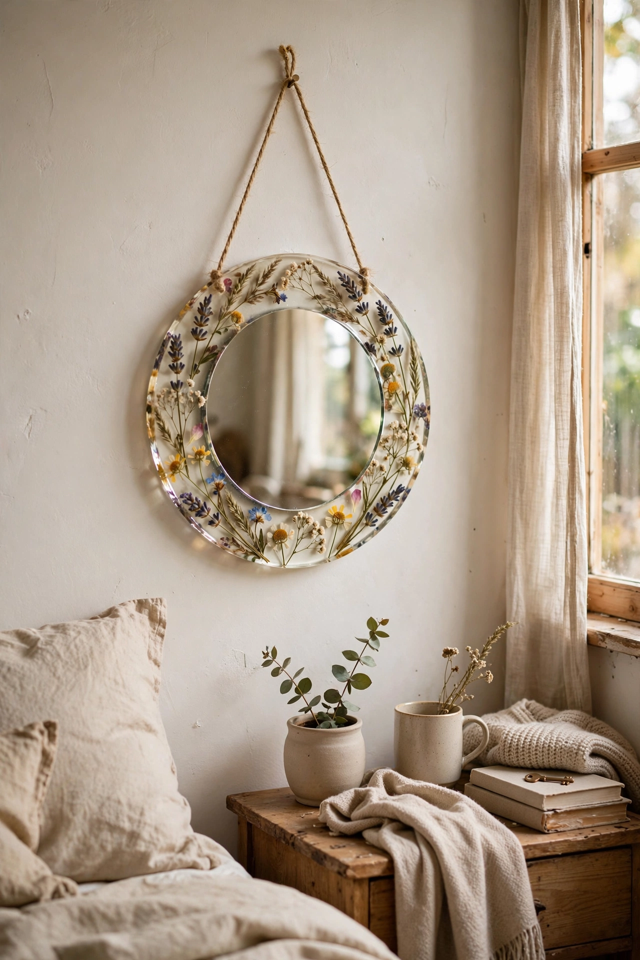 A small mirror framed with pressed wildflowers sealed in clear resin